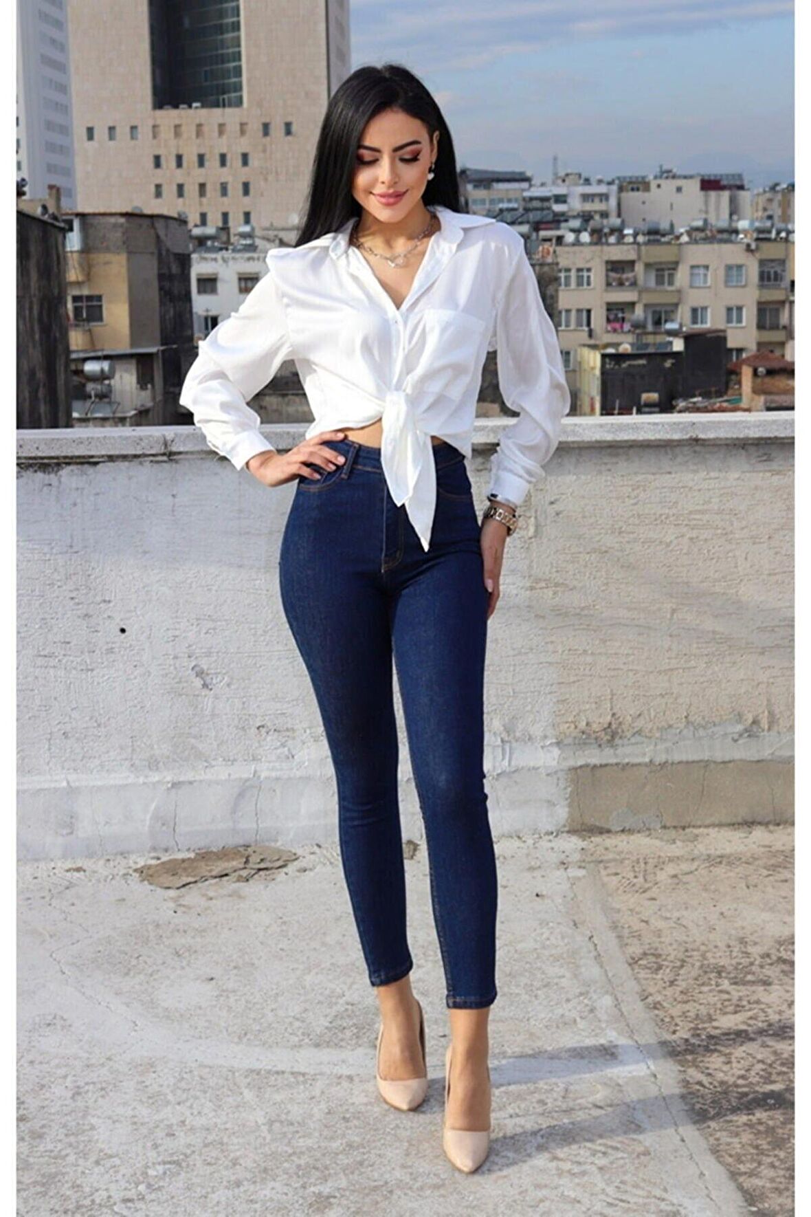Layla Koyu Mavi Yüksel Bel Dar Paça Skinny Likralı Kot Pantalon