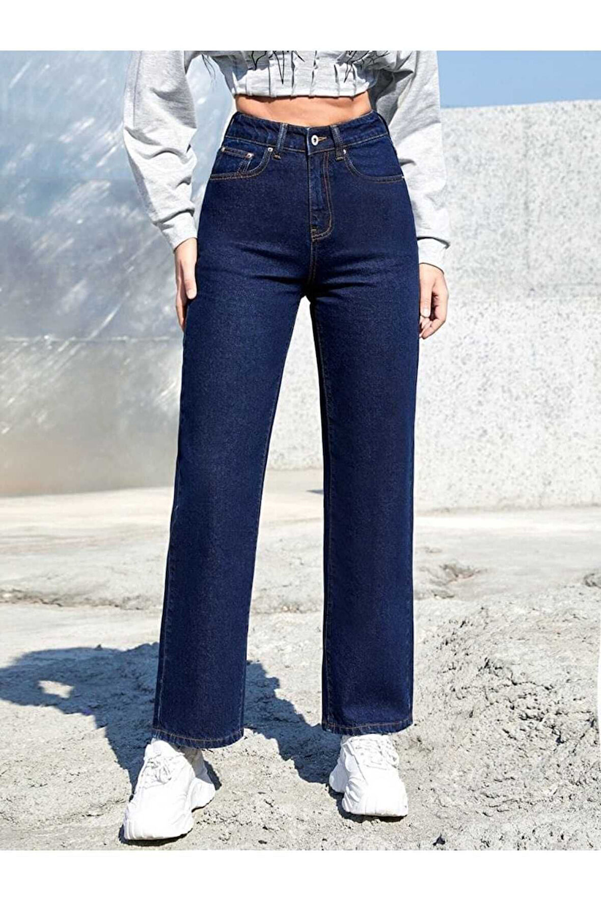 Lacy Likrasız Koyu Mavi  Yüksek Bel Salaş Palazzo Jeans