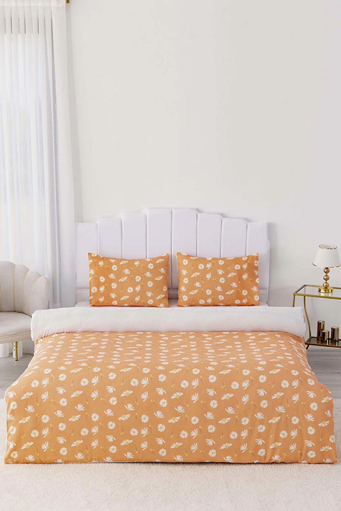 Turuncu Papatyalı Tek Kişilik Nevresim Takımı Pamuklu