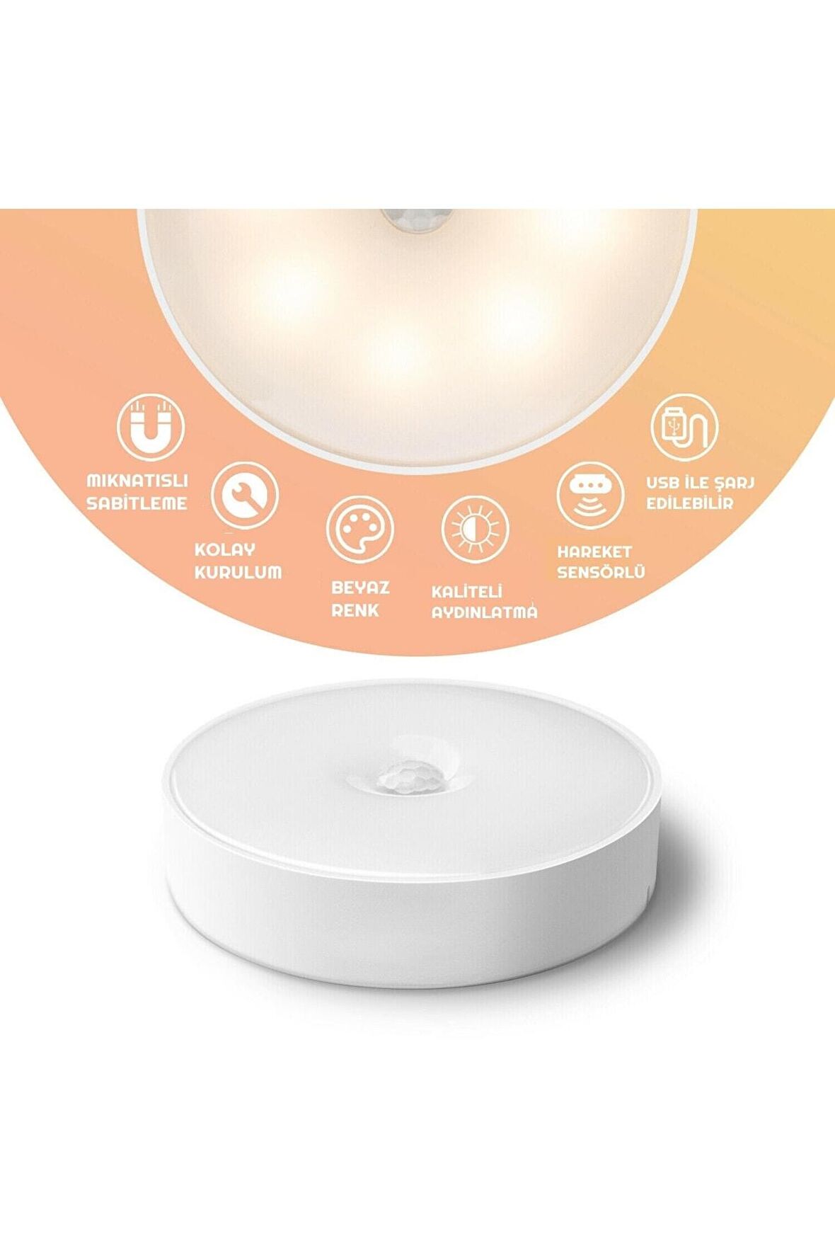 8 Ledli Gün Işığı Sarı Renk Hareket Sensörlü Usb Şarjlı Led Işık Lamba Dolap Lambası Ufo Lamba