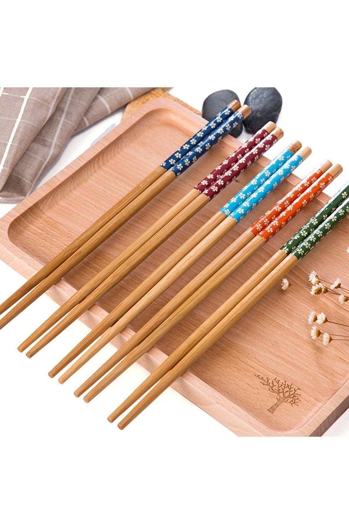 10 Adet 5 Çift Çin Çubuğu Chopstick, Yıkanabilir Bambu Sushi Japon Çin Yemek Çubuğu, 24 Cm