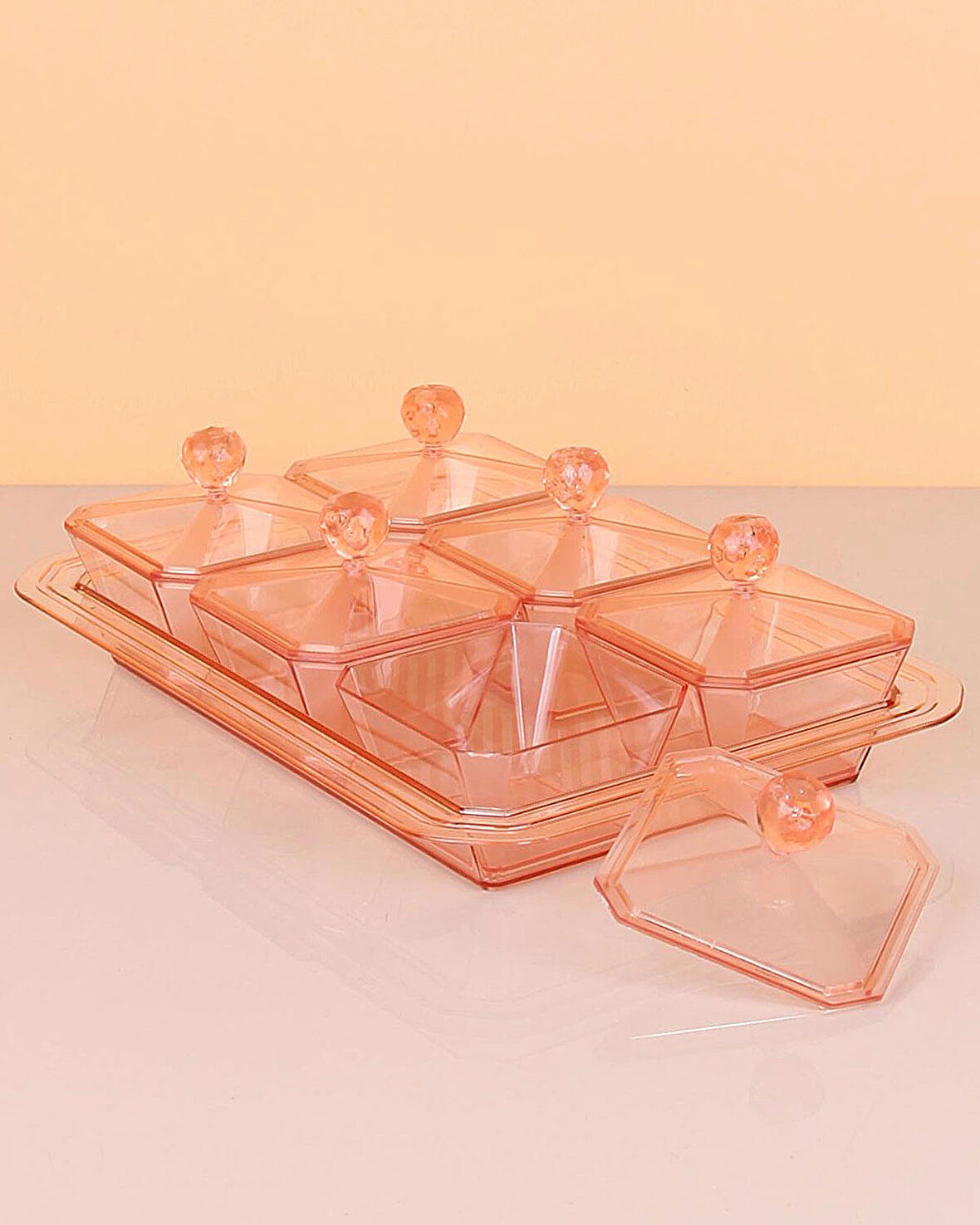 7 Parça Kristal Kulplu Kapaklı Tepsili Kahvaltı Sunum Seti Çerezlik Takımı