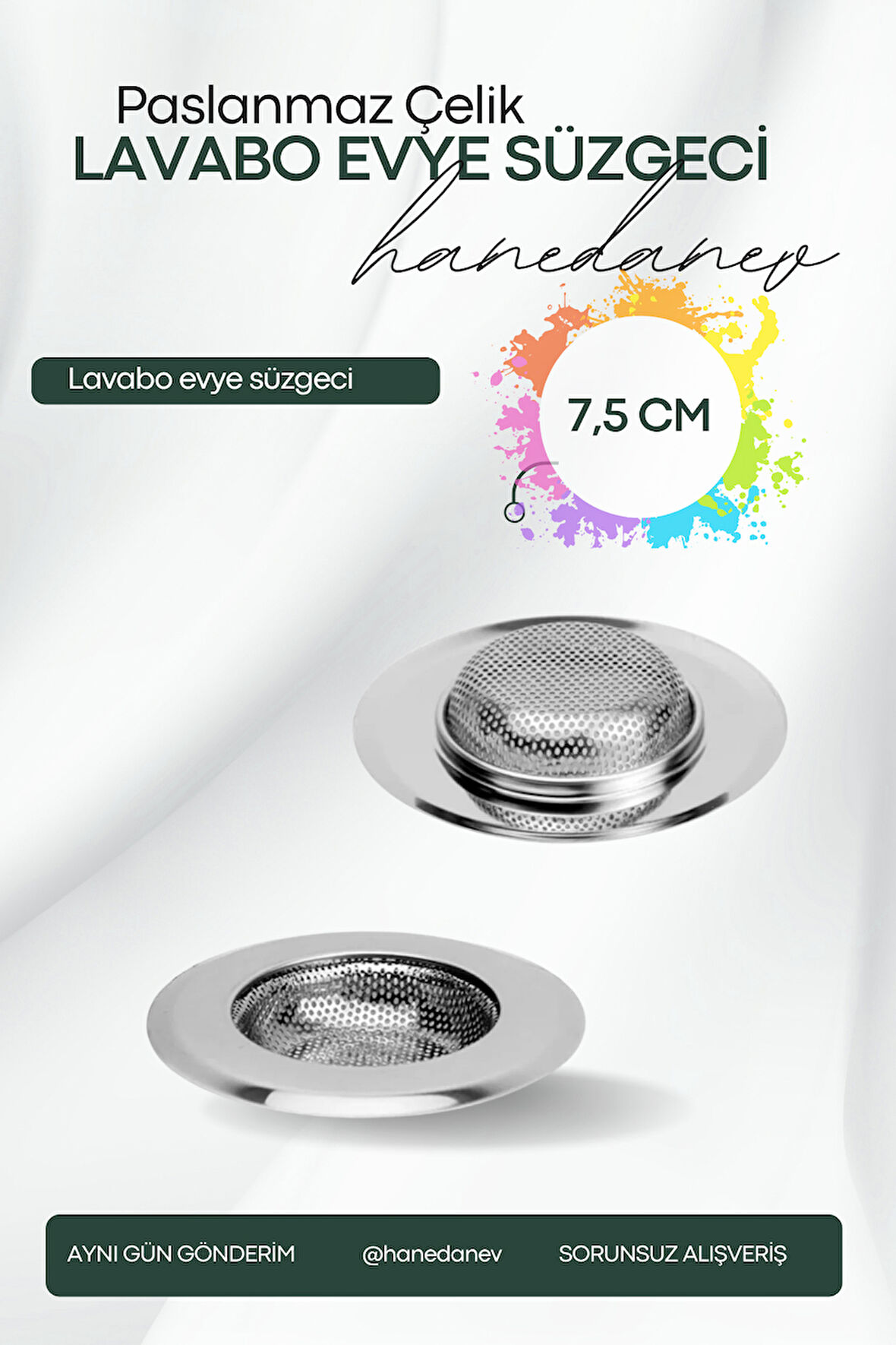 1 Adet Pratik Paslanmaz Çelik Lavabo Süzgeci 7,5 cm Çelik Mutfak Lavabo Süzgeci Evye Süzgeç