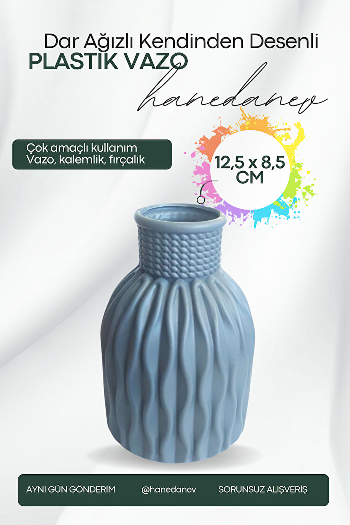 Kendinden Desenli Dar Ağızlı Plastik Vazo - Çok Amaçlı Kalemlik Fırçalık Vazo 12,5 x 8,5 Cm