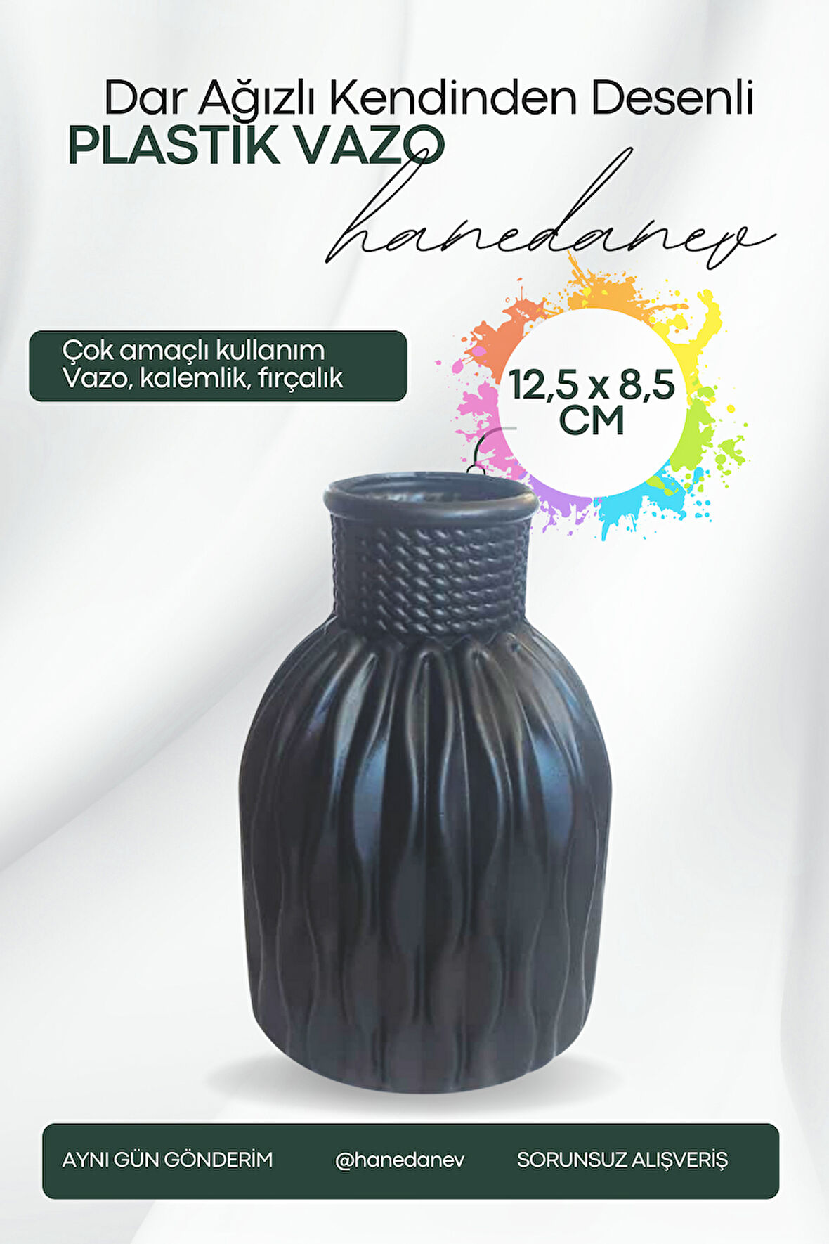 Kendinden Desenli Dar Ağızlı Plastik Vazo - Çok Amaçlı Kalemlik Fırçalık Vazo 12,5 x 8,5 Cm