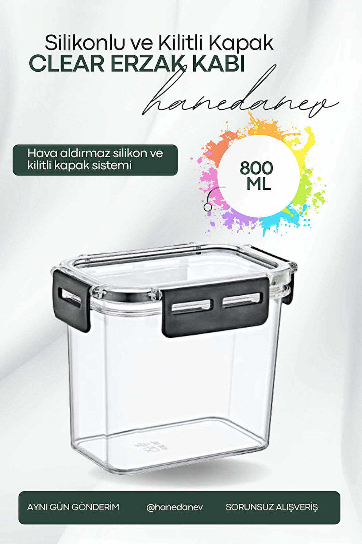 Clear Dikdörtgen Erzak Kabı - Silikonlu ve Kilitli Kapaklı Saklama Kabı 800 ML 14 x 11,5 Cm