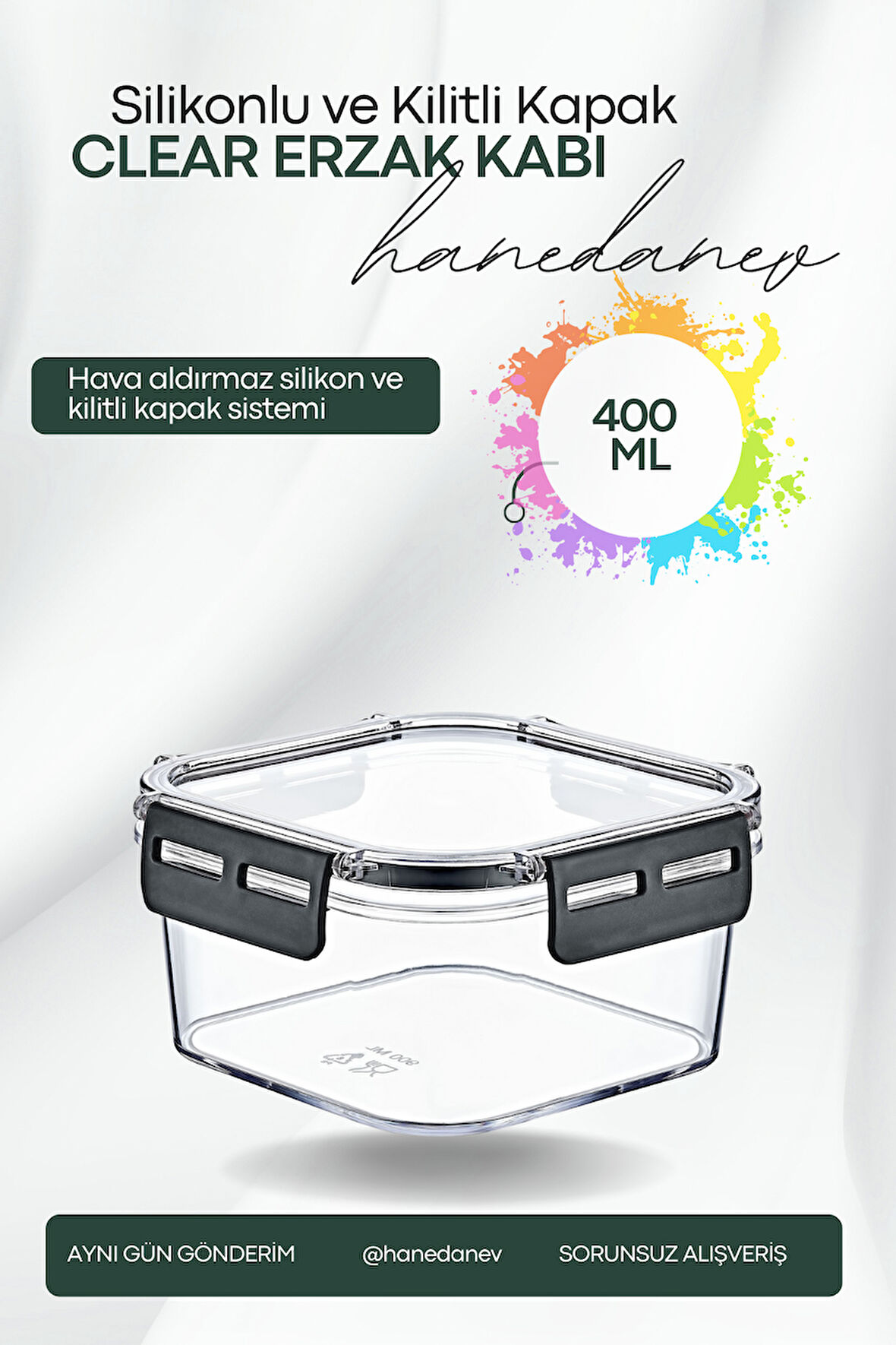 Clear Kare Erzak Kabı - Silikonlu ve Kilitli Kapaklı Saklama Kabı 400 ML 12 x 6,5 Cm