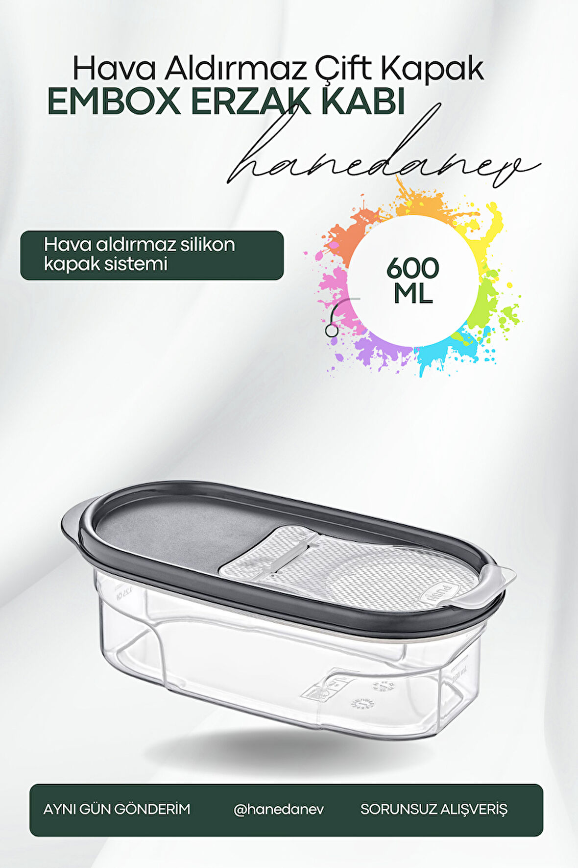 Embox Çift Kapak Sistemli Erzak Kabı - Hava Aldırmaz Kapaklı Saklama Kabı 600 ML 9 x 6 Cm