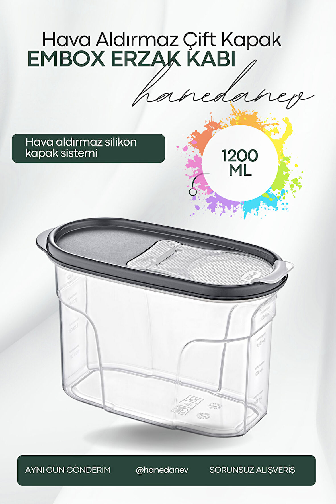 Embox Çift Kapak Sistemli Erzak Kabı - Hava Aldırmaz Kapaklı Saklama Kabı 1200 ML 12 x 20 Cm