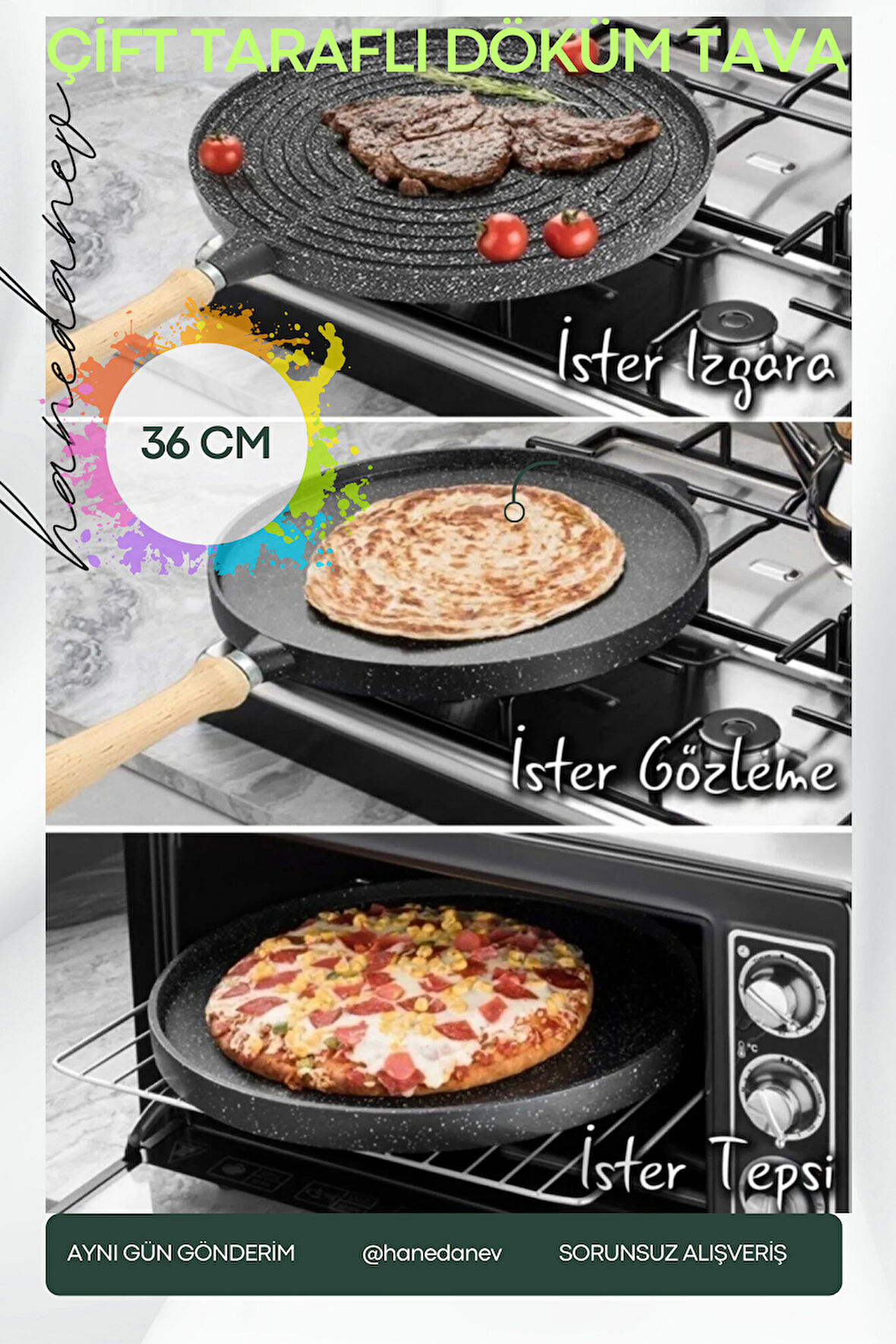 Çift Taraflı Granit Döküm Bazlama Gözleme Izgara Tava Fırında Izgara Börek Tavası 36 Cm Büyük Boy
