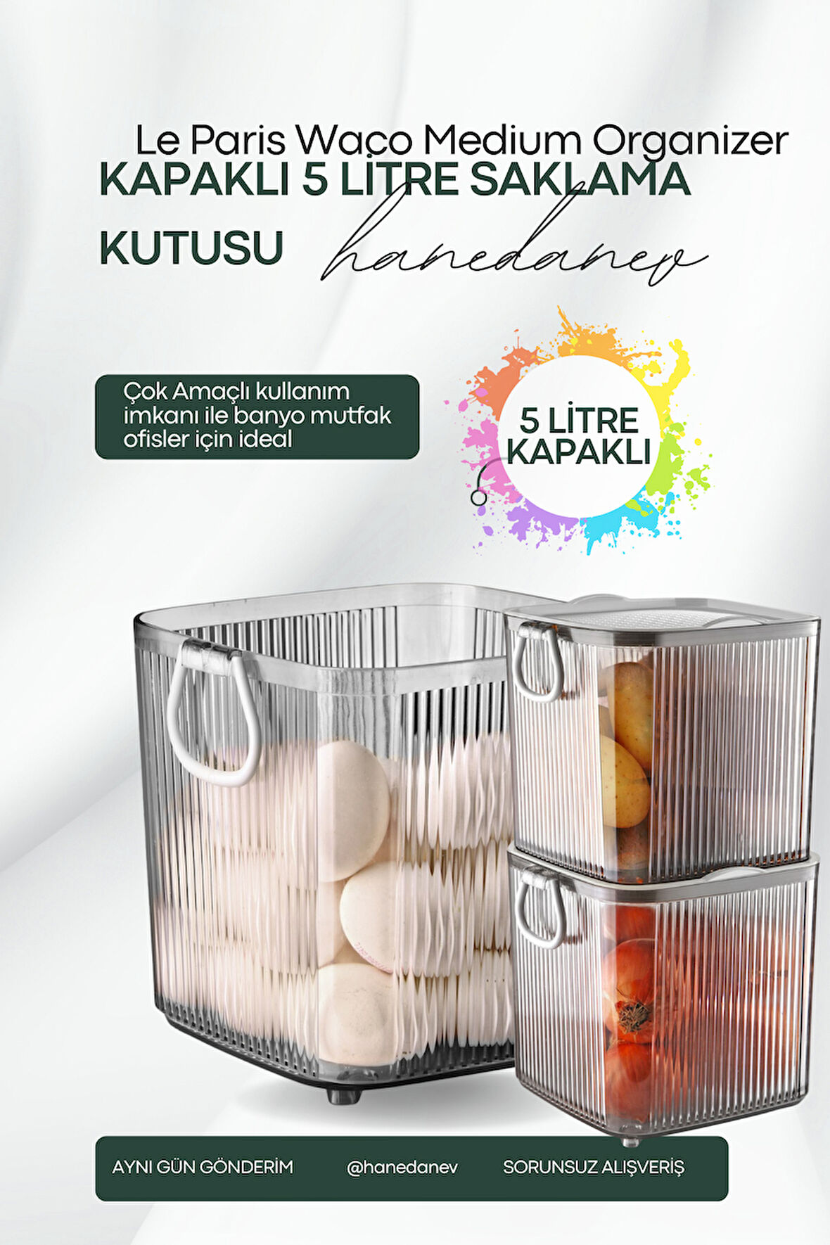 Waco Medium Organizer Akrilik Lüx Patates Soğan & Deterjan Saklama Kabı Kapaklı 5 Litre 1 Adet