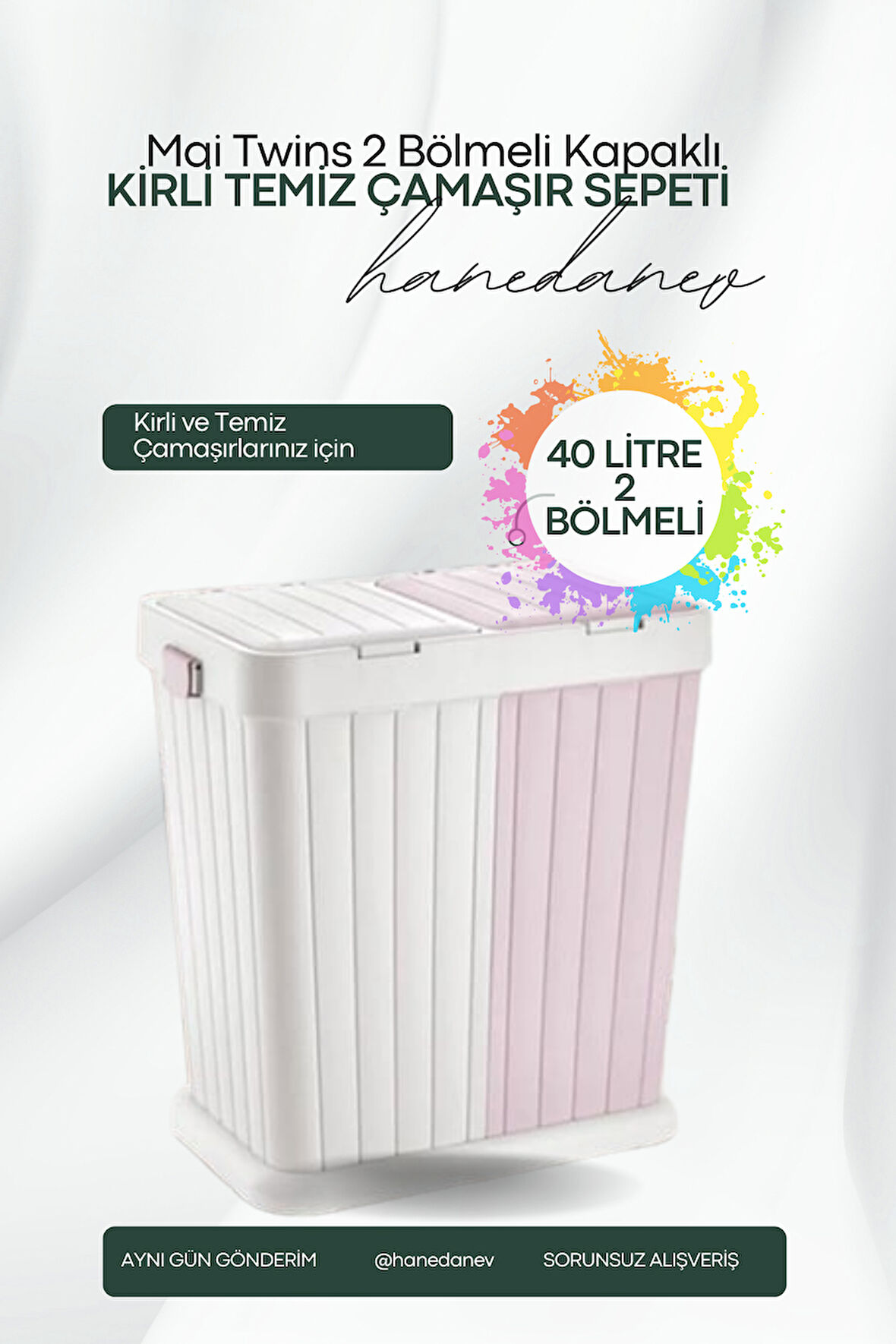 2 Bölmeli Dokumatik Kapaklı Mai Twins Temiz Kirli Çamaşır Sepeti 40+40 Litre