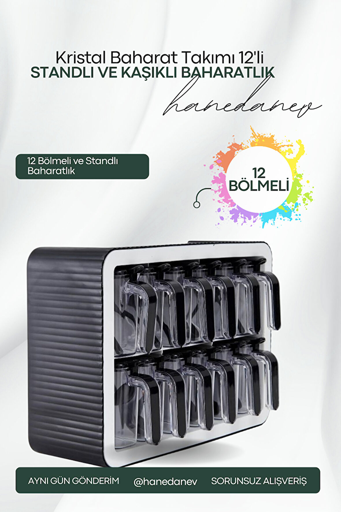 12'li Baharatlık Takımı Standlı Kendinden Yapışkanlı Kaşıklı ve Kapaklı Baharatlık Seti