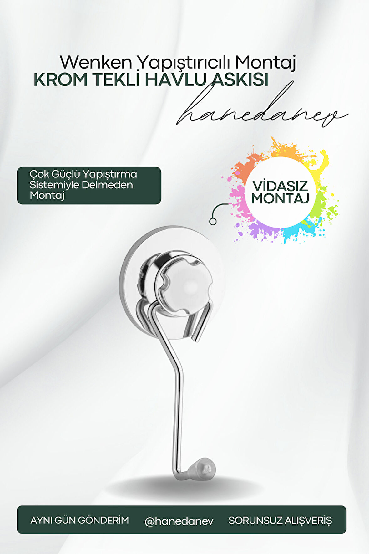 Vidasız Ultra Güçlü Yapıştırma Lüks Krom Tekli Havlu Askılık - Çok Amaçlı Askı - Tüp Yapıştırıcılı