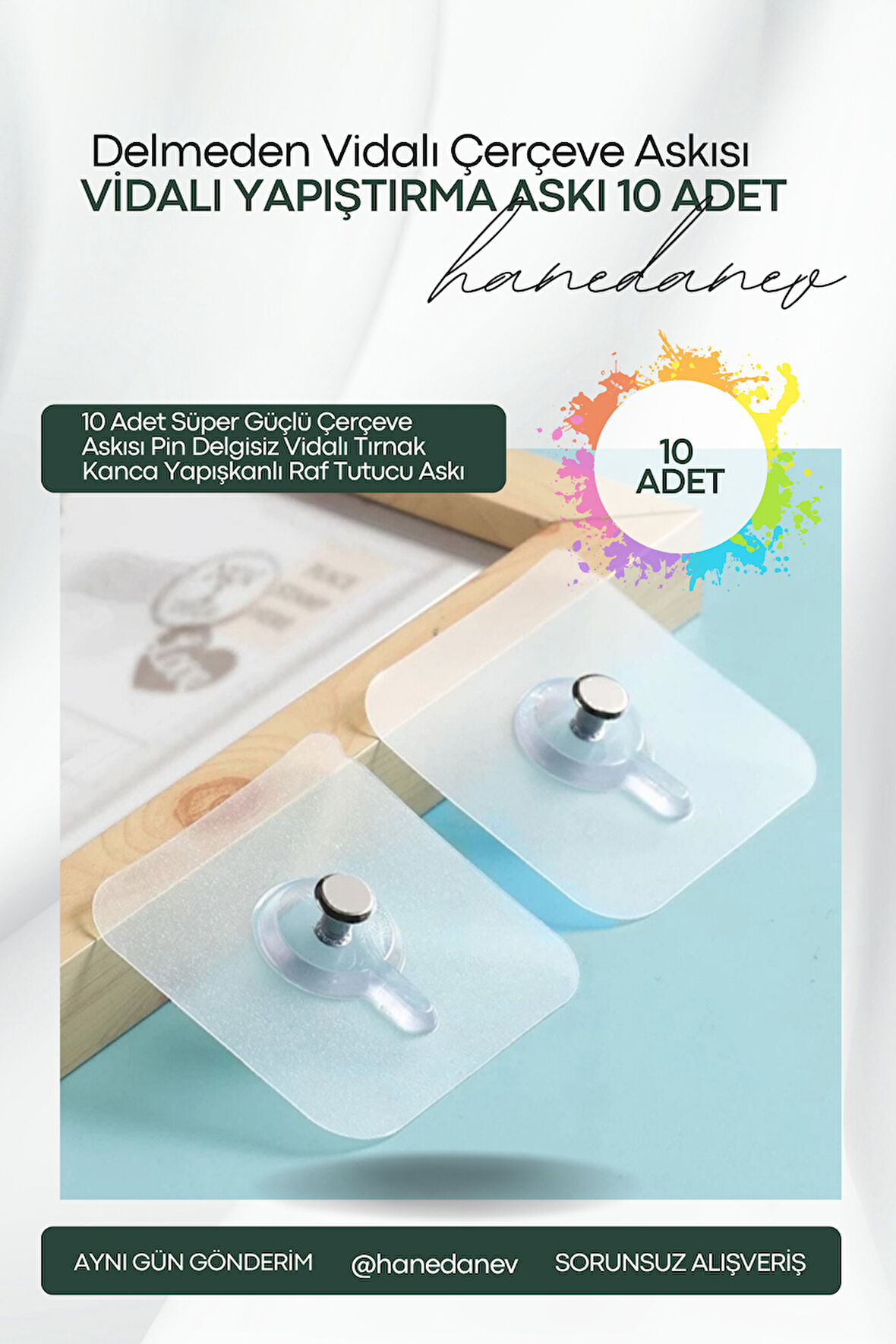 10 Adet Süper Güçlü Çerçeve Askısı Pin Delgisiz Vidalı Tırnak Kanca Yapışkanlı Raf Tutucu Askı