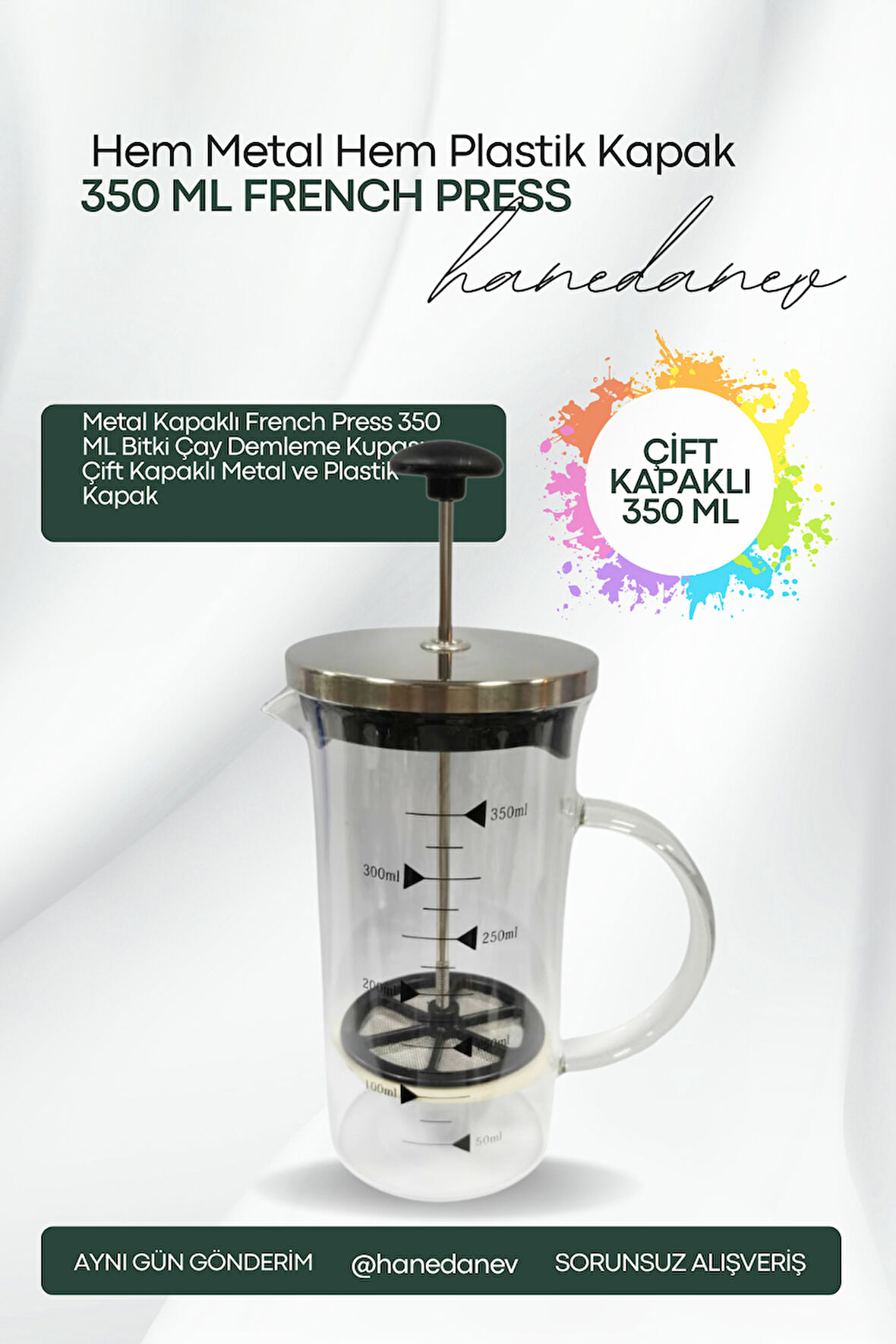 Metal Kapaklı French Press 350 ML Bitki Çay Demleme Kupası Çift Kapaklı Metal ve Plastik Kapak