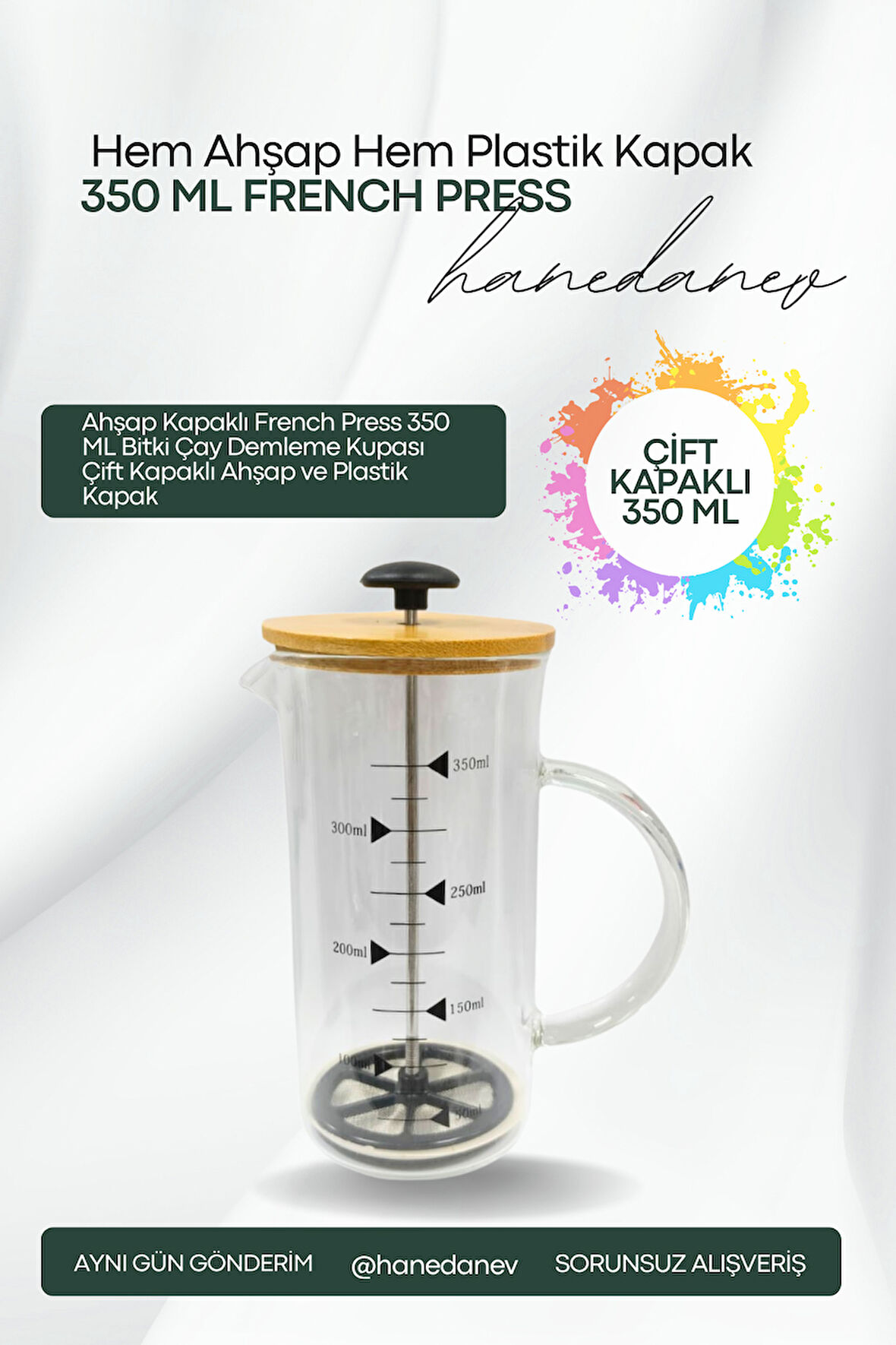 Ahşap Kapaklı French Press 350 ML Bitki Çay Demleme Kupası Çift Kapaklı Ahşap ve Plastik Kapak