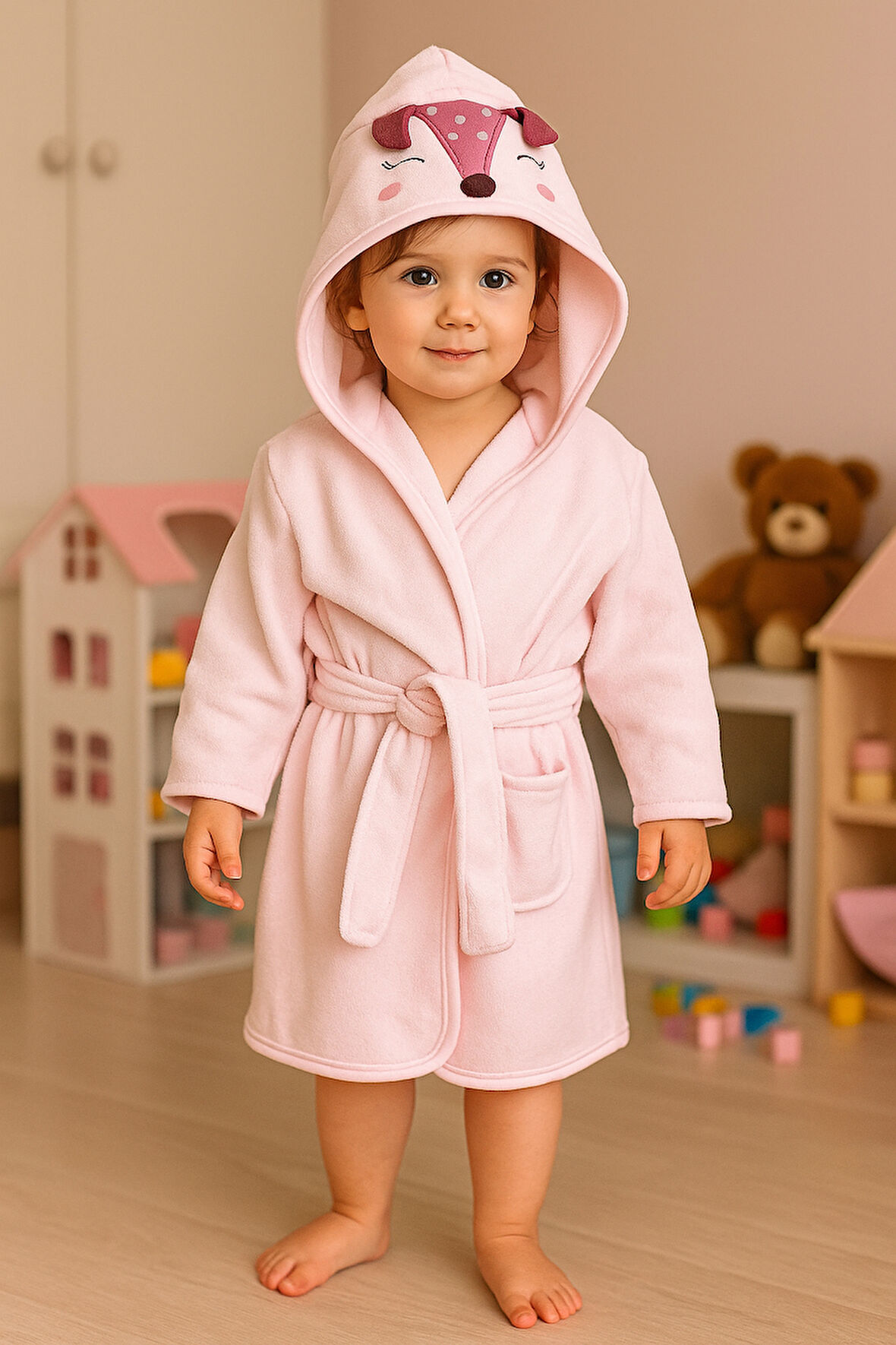 KD29028.Kız Bebek Bornoz  - %100 Pamuk 2-3/3-4/4-5 Yaş