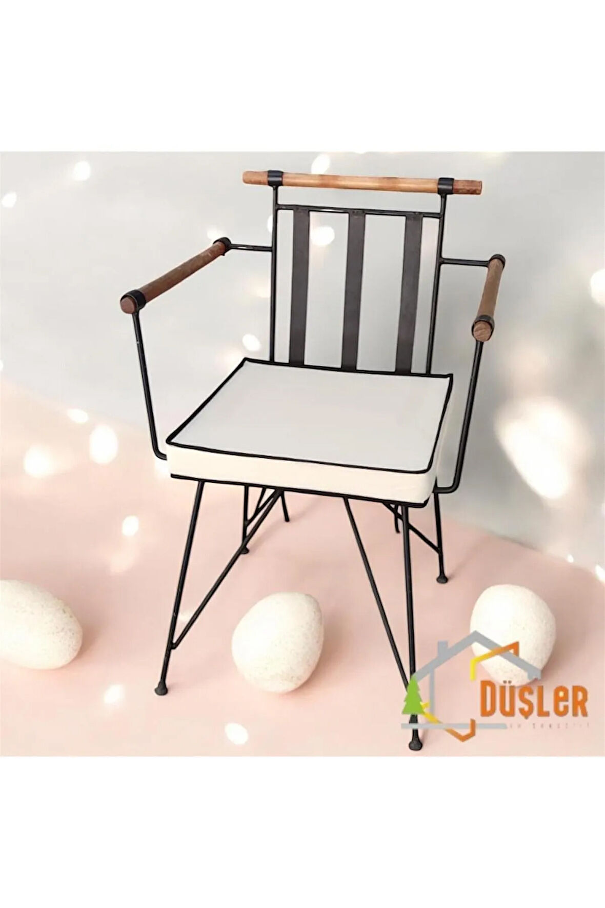 40x40 Krem Su ve Leke İtici Fermuarlı Bağcıklı Siyah Biyeli Sandalye Minderi 5 cm