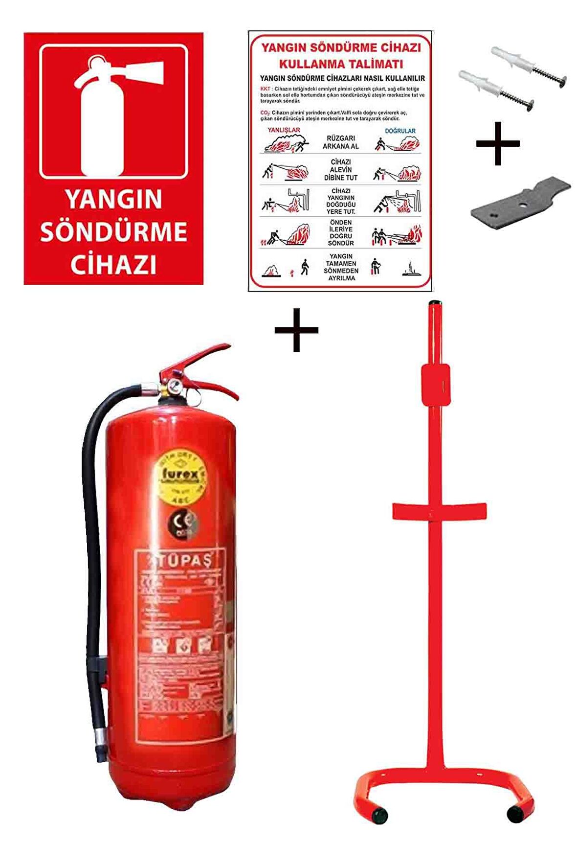 6KG TÜPAŞ YANGIN TÜPÜ,YANGIN TÜPÜ KULLANIM TALİMATI, YANGIN TÜPÜ LEVHASI, ASKI APARATI, DÜBEL VİDA VE C TİPİ SEHPA 6LI SET