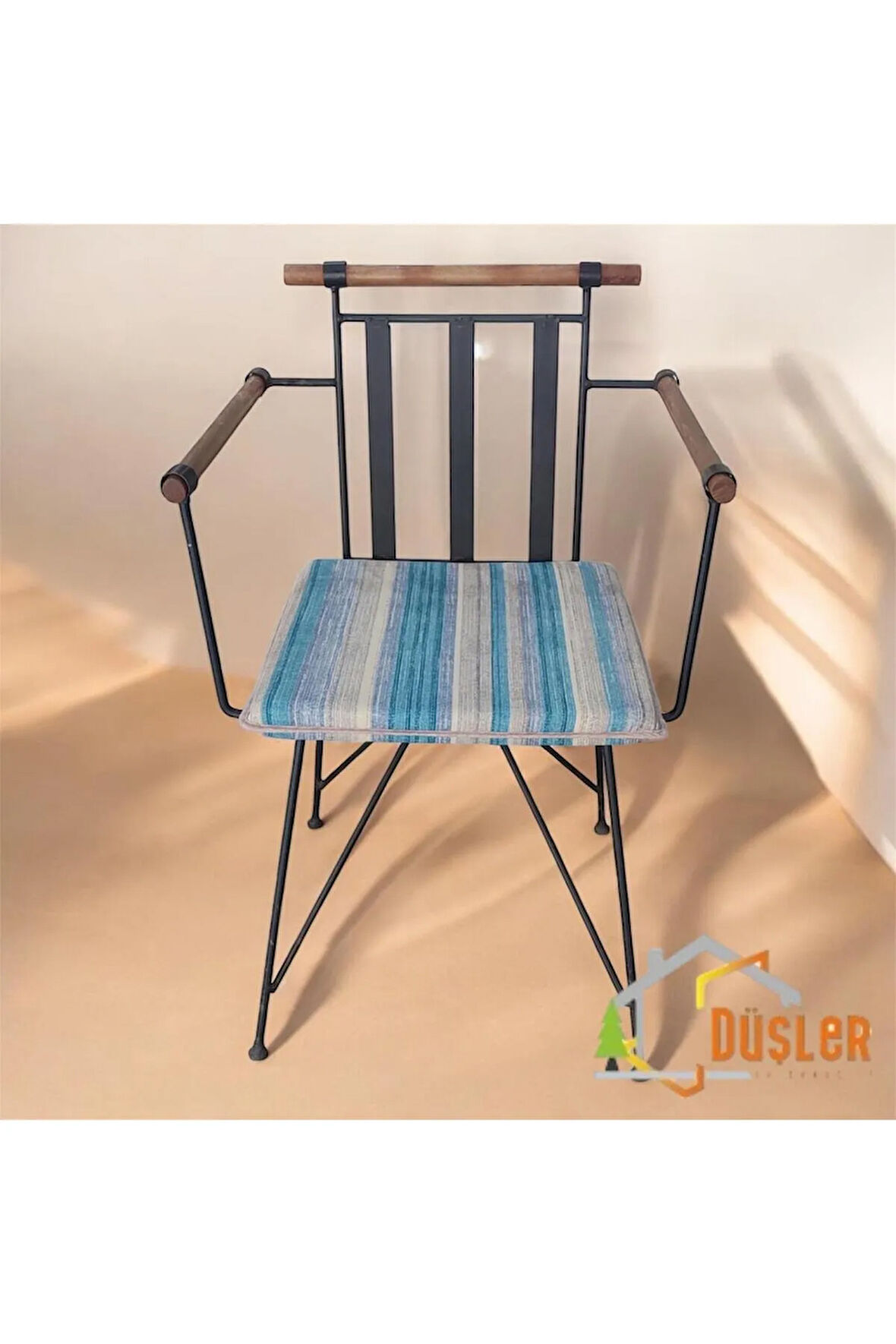 40x40 Mavi Gri Çizgili Su ve Leke İtici Fermuarlı Bağcıklı Cappucino Biyeli Sandalye Minderi 4 cm