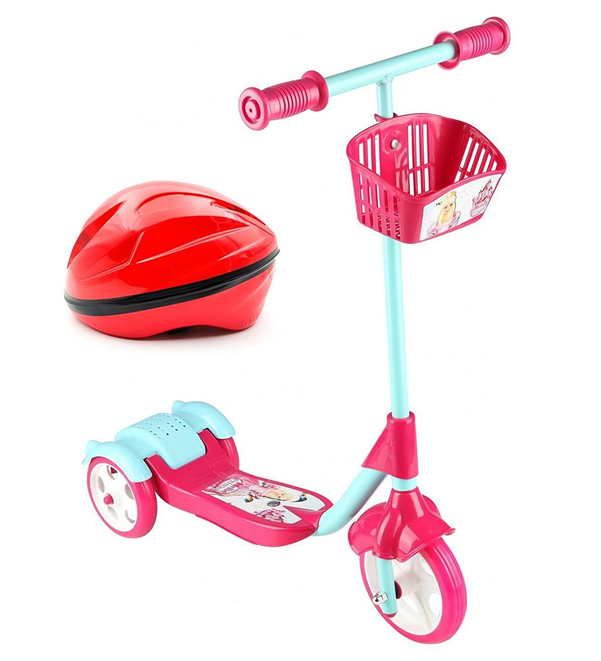 3 Tekerlekli Frenli Sepetli Kız Çocuk Scooter & Kırmızı Kask