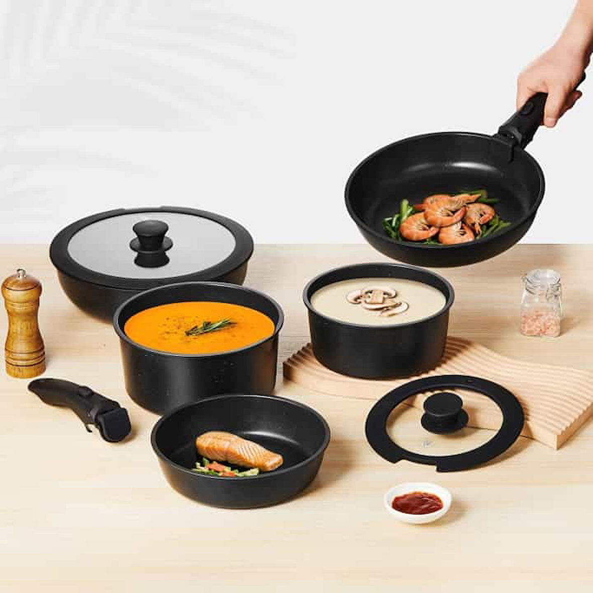 Çok Amaçlı Çıkarılabilir Saplı Yapışmaz Tava ve Tencere Set