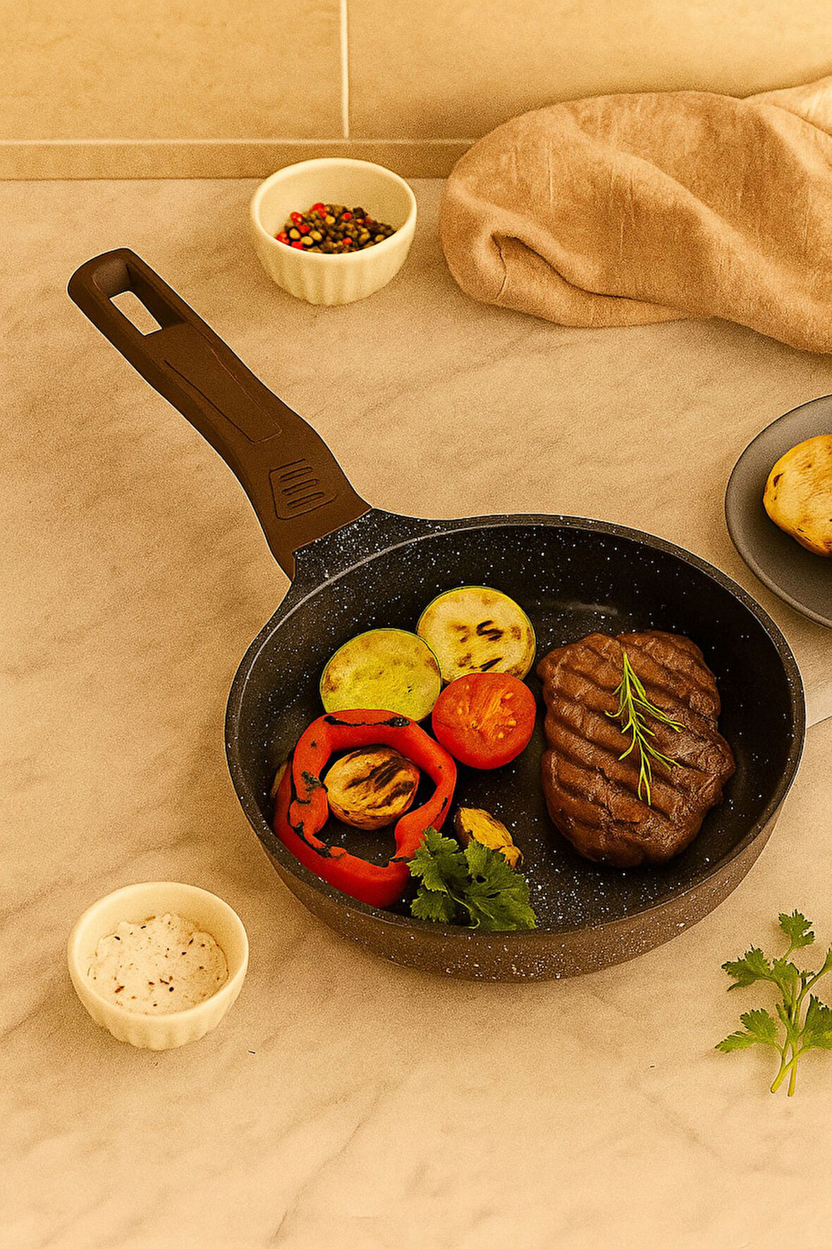 Premium Granit Döküm Tava - Yapışmaz Parlak Yüzey, Ergonomik Saplı, 24 cm