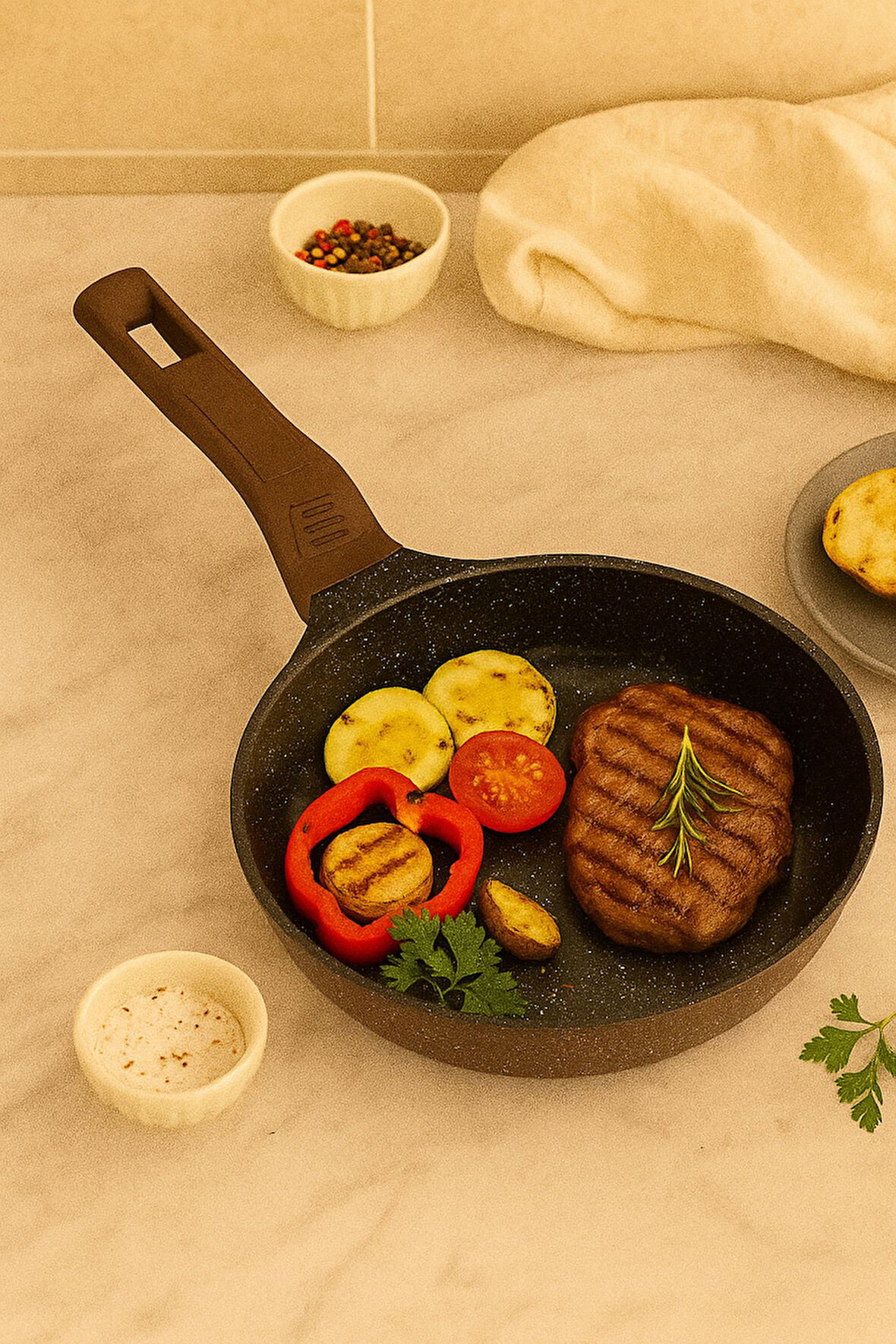Premium Granit Döküm Tava - Yapışmaz Parlak Yüzey, Ergonomik Saplı, 28 cm