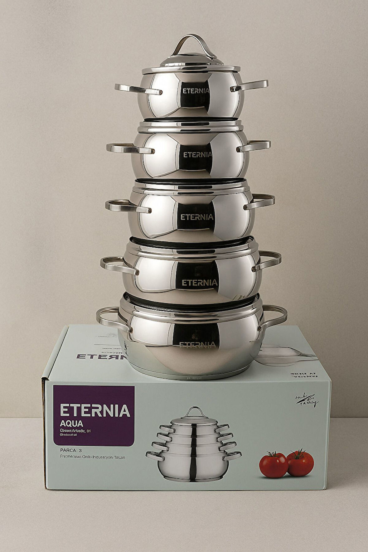 Eternia Aqua Serisi 10 Parça 304 Kalite Paslanmaz Çelik Tencere Seti – 16-18-20-22-24 CM