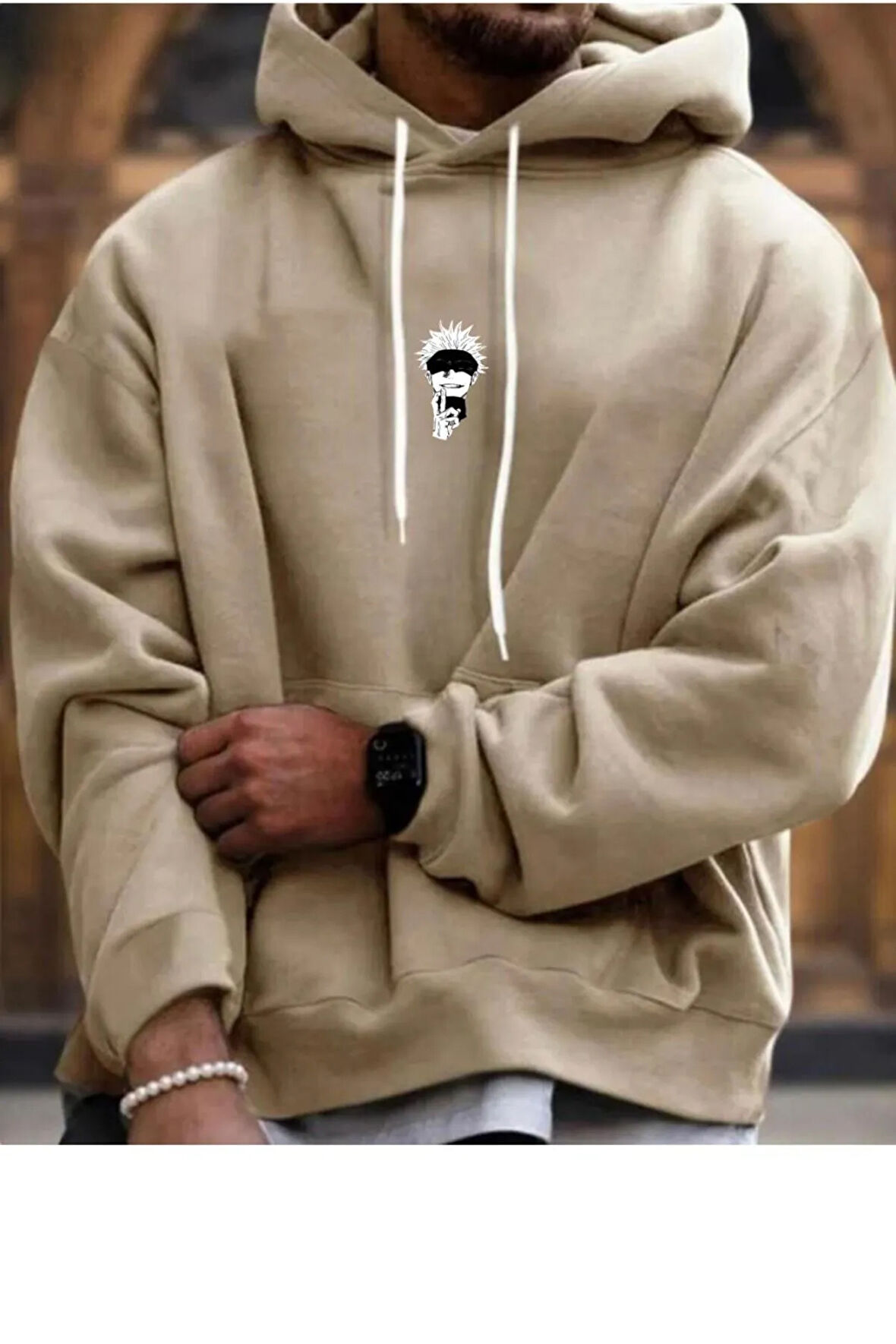 Erkek Bej Minimal Naruto Baskılı Oversize Sweatshirt