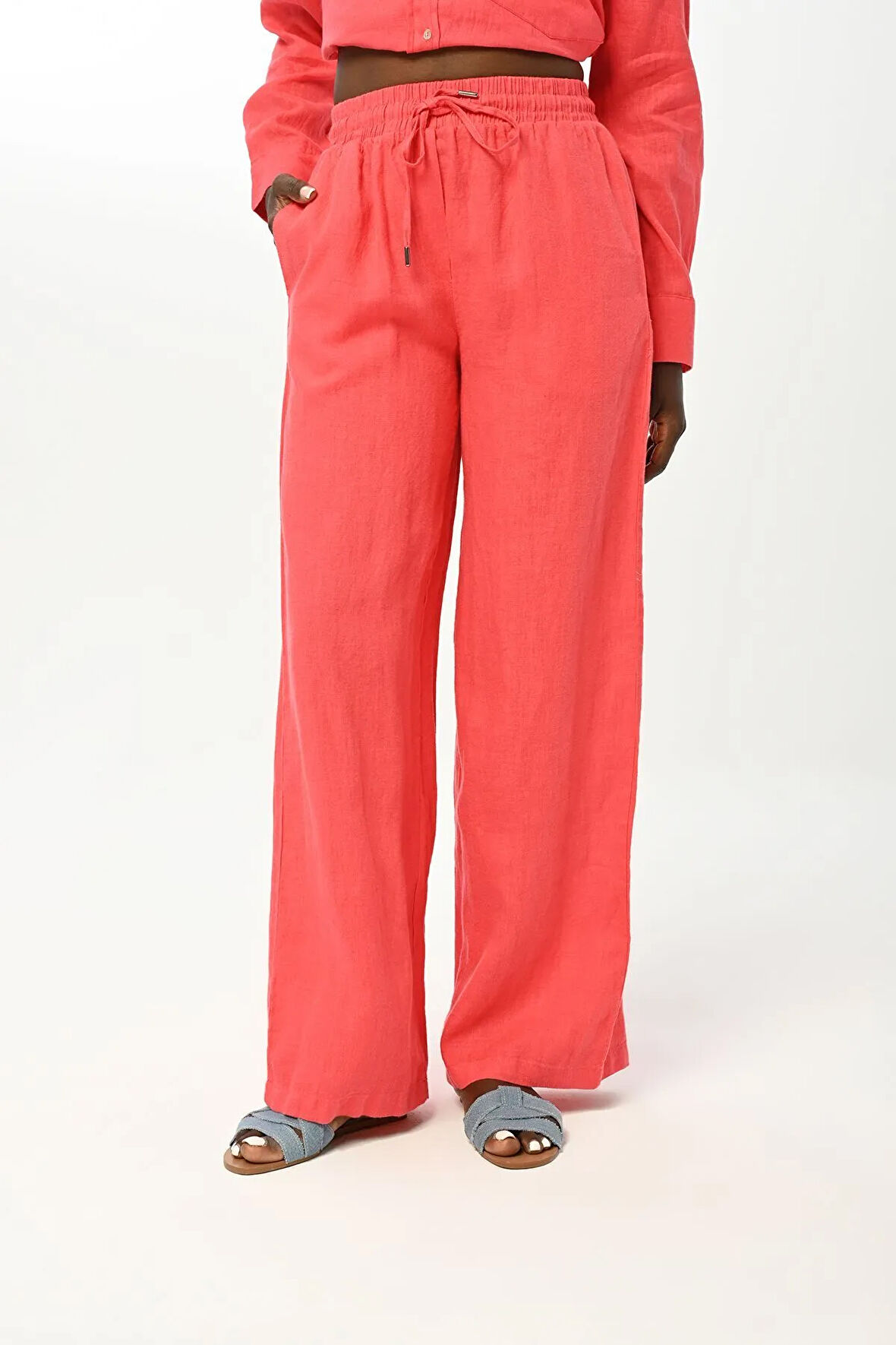 KADIN BELİ LASTİKLİ BOL PAÇA DÜZ RENK KETEN PANTOLON