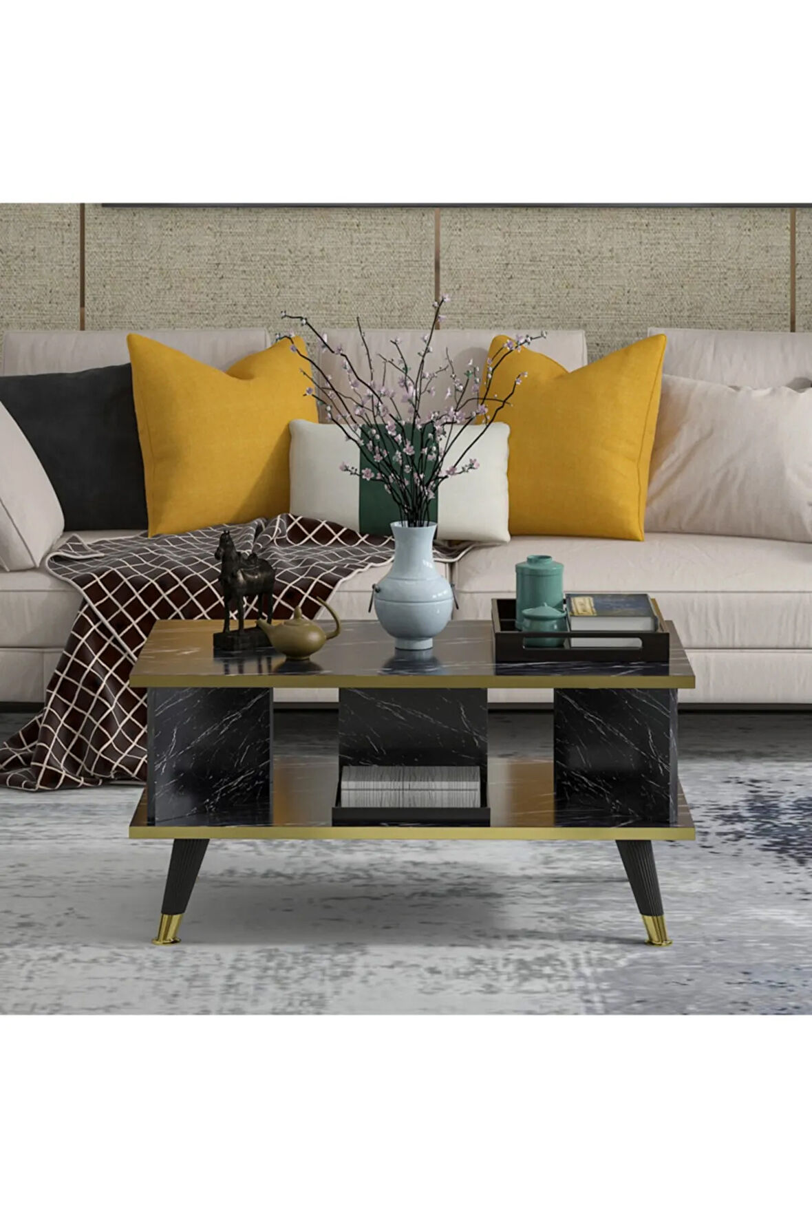 Galipol Orta Sehpa 80 Cm - Bendır Mermer - Altın