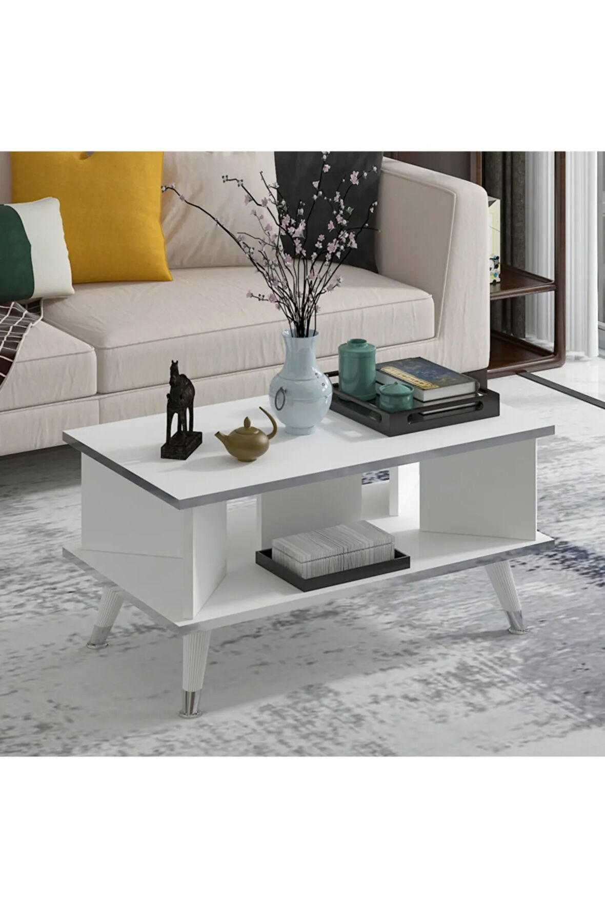 Galipol Orta Sehpa 80 Cm Beyaz - Gümüş Renk