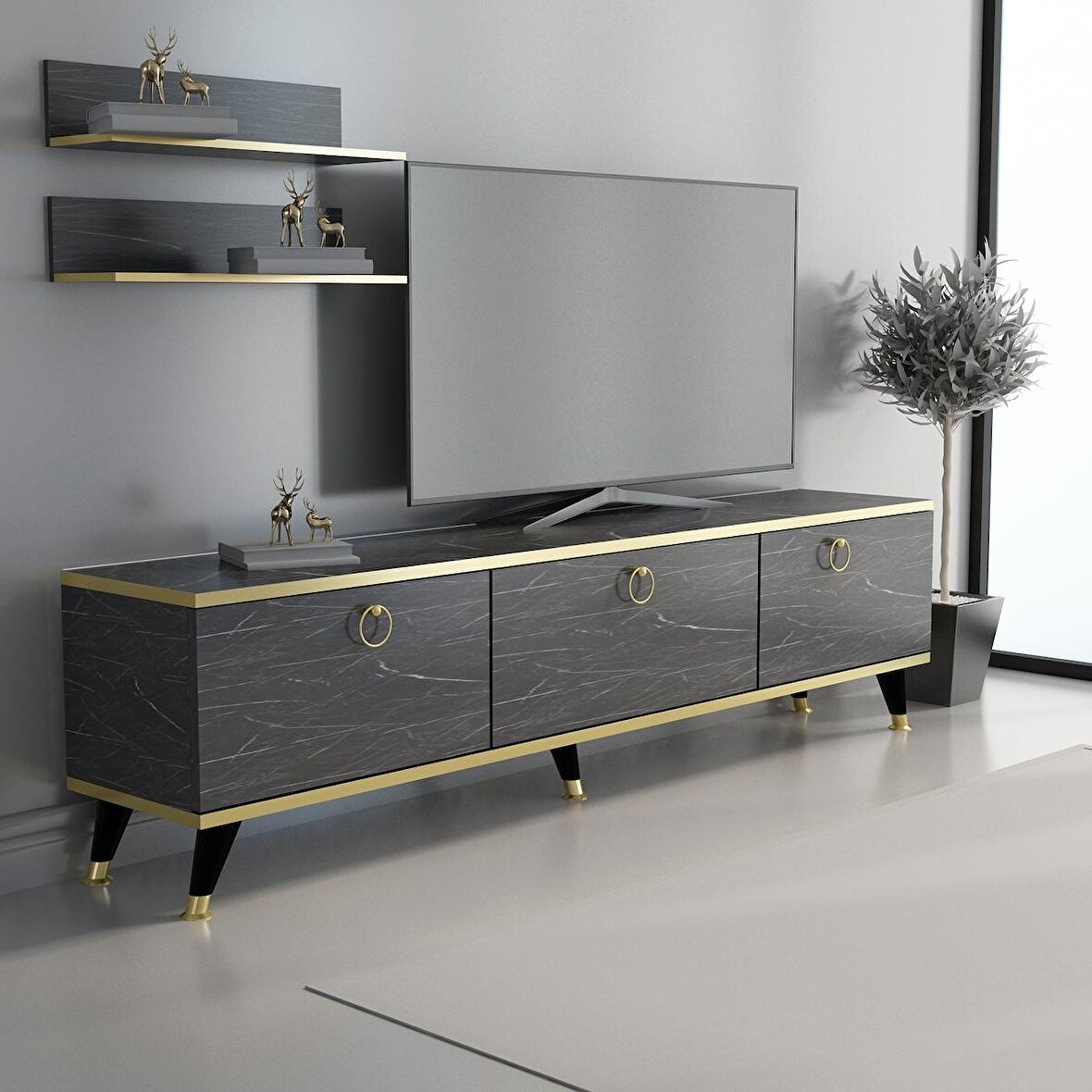 MOBİLYA GEZEGENİ Bendır Mermer - Altın Elite Gold Tv Ünitesi 180 cm Z2003