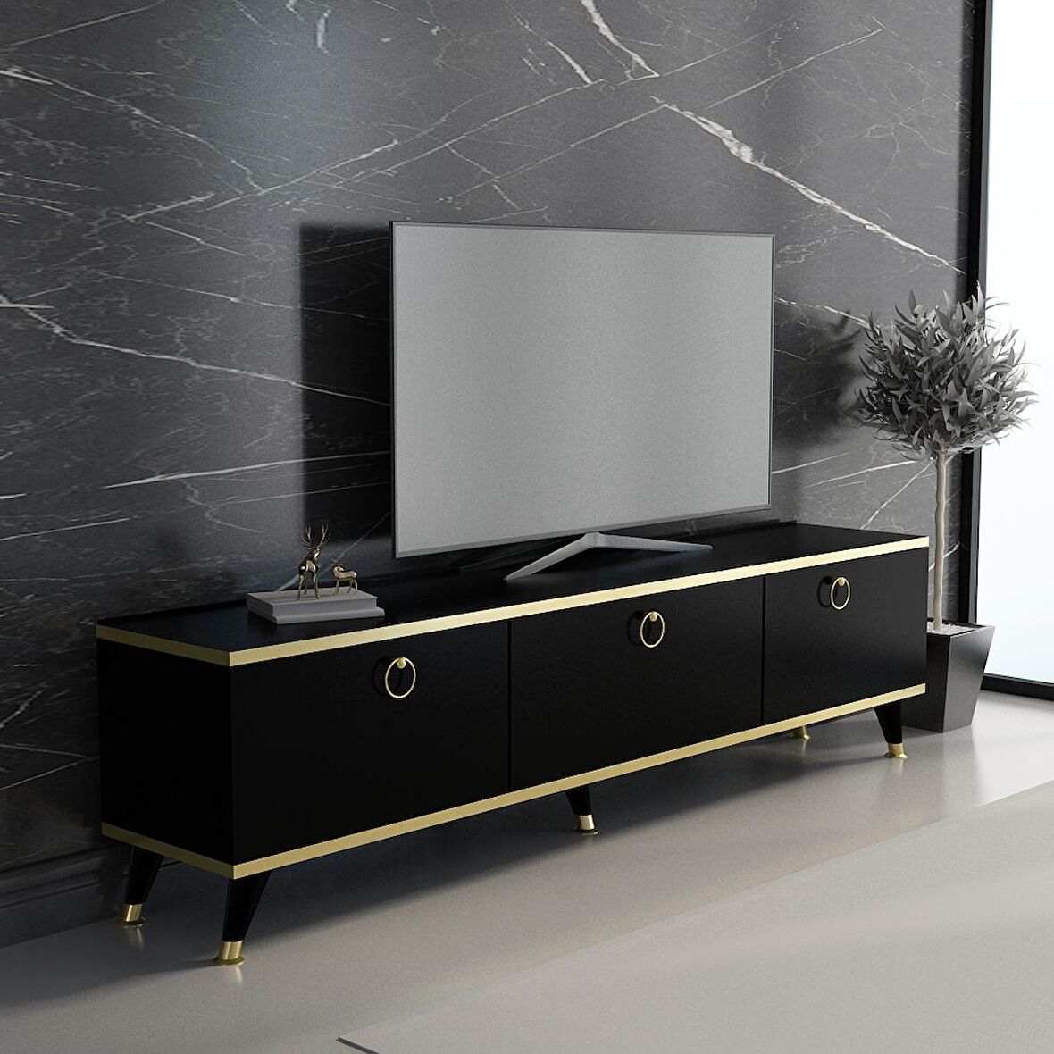 MOBİLYA GEZEGENİ Gold Tv Ünitesi Siyah - Altın 210 cm Genişlik