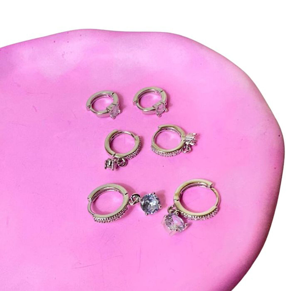 Uretti - Melik 9215 8835 6’lı Gümüş Renk Paslanmaz Çelik 3 Model Küpe Seti