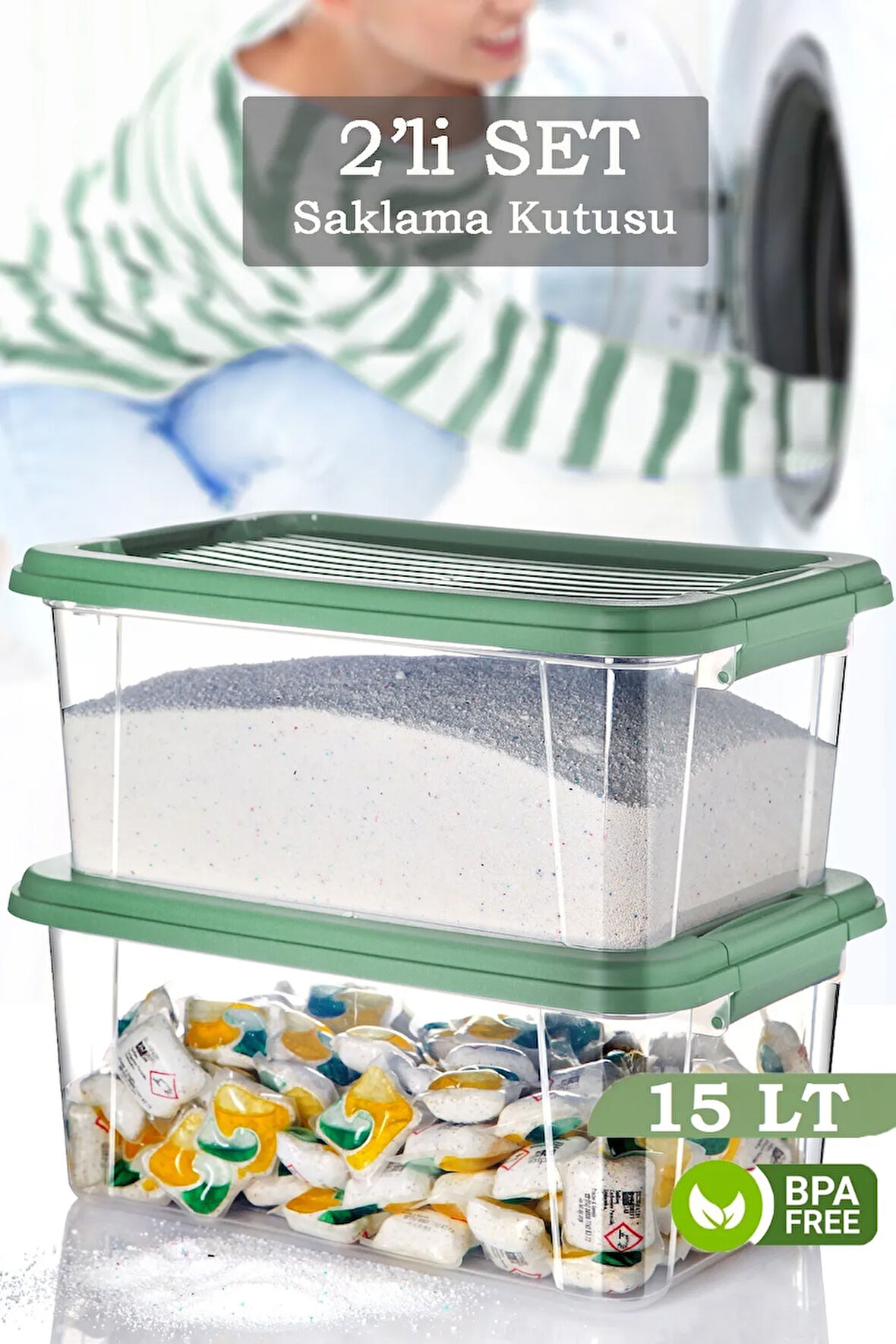 2'li Vera 15 Lt Kilit Kapaklı Deterjanlık Saklama Kutusu Banyo Düzenleyici - Un Bakliyat Kabı Yeşil