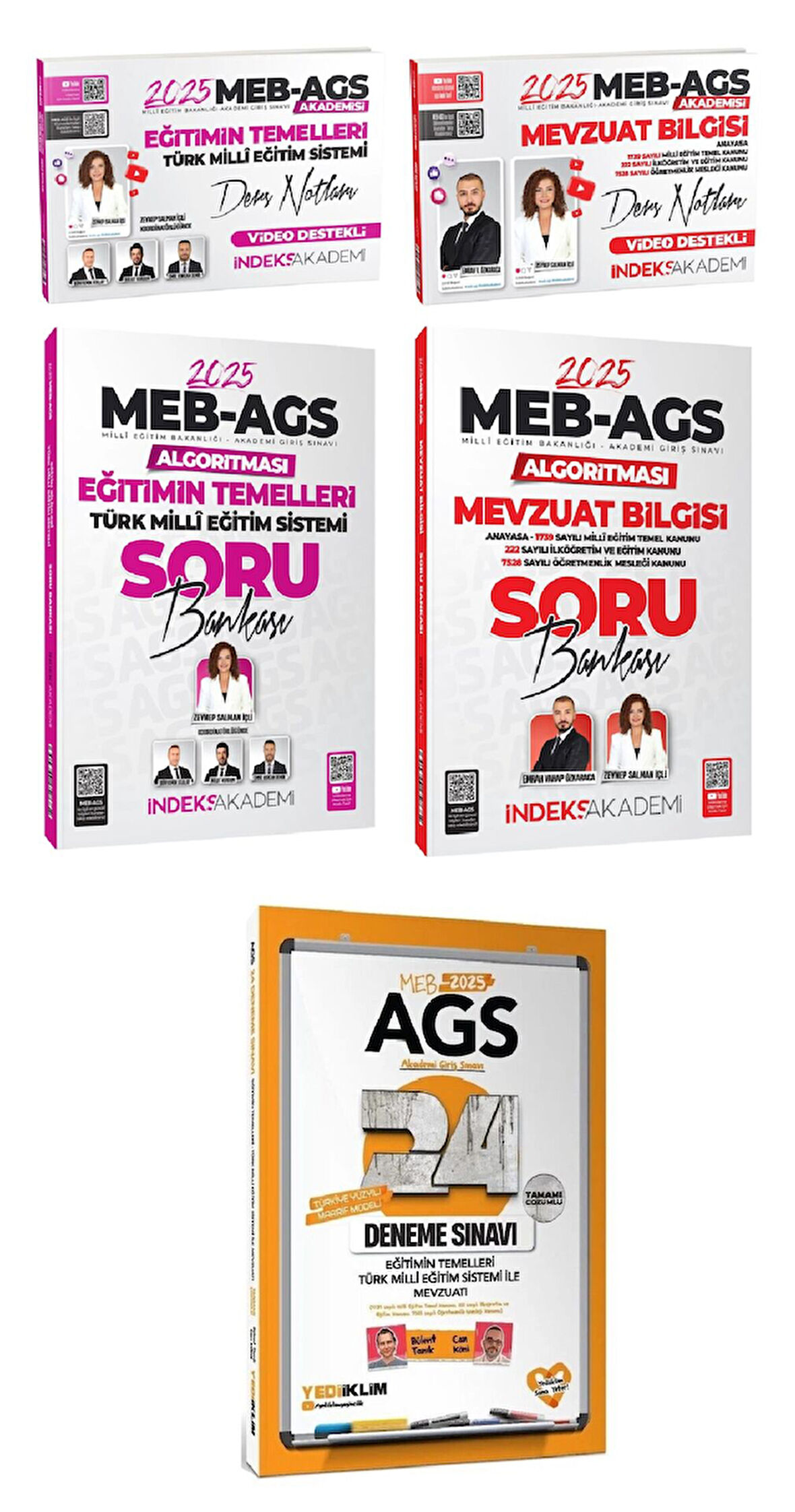 Yediiklim + İndeks 2025 MEB-AGS Eğitimin Temelleri + Mevzuat Bilgisi Ders Notları + Soru + 24 Deneme 5 li Set