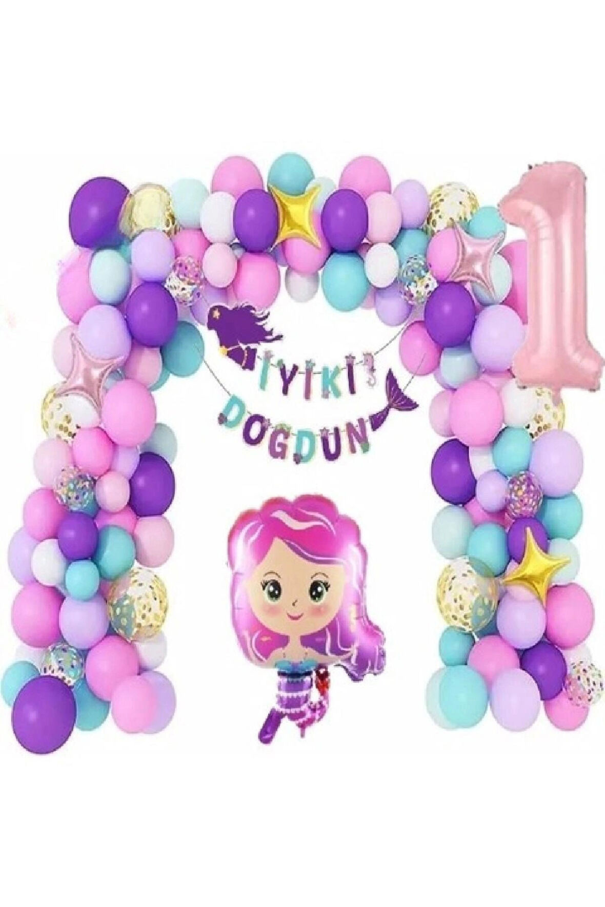 1 Yaş Pembe Deniz Kızı Lüks Balon Zincir Doğum Günü Parti Seti Süsü