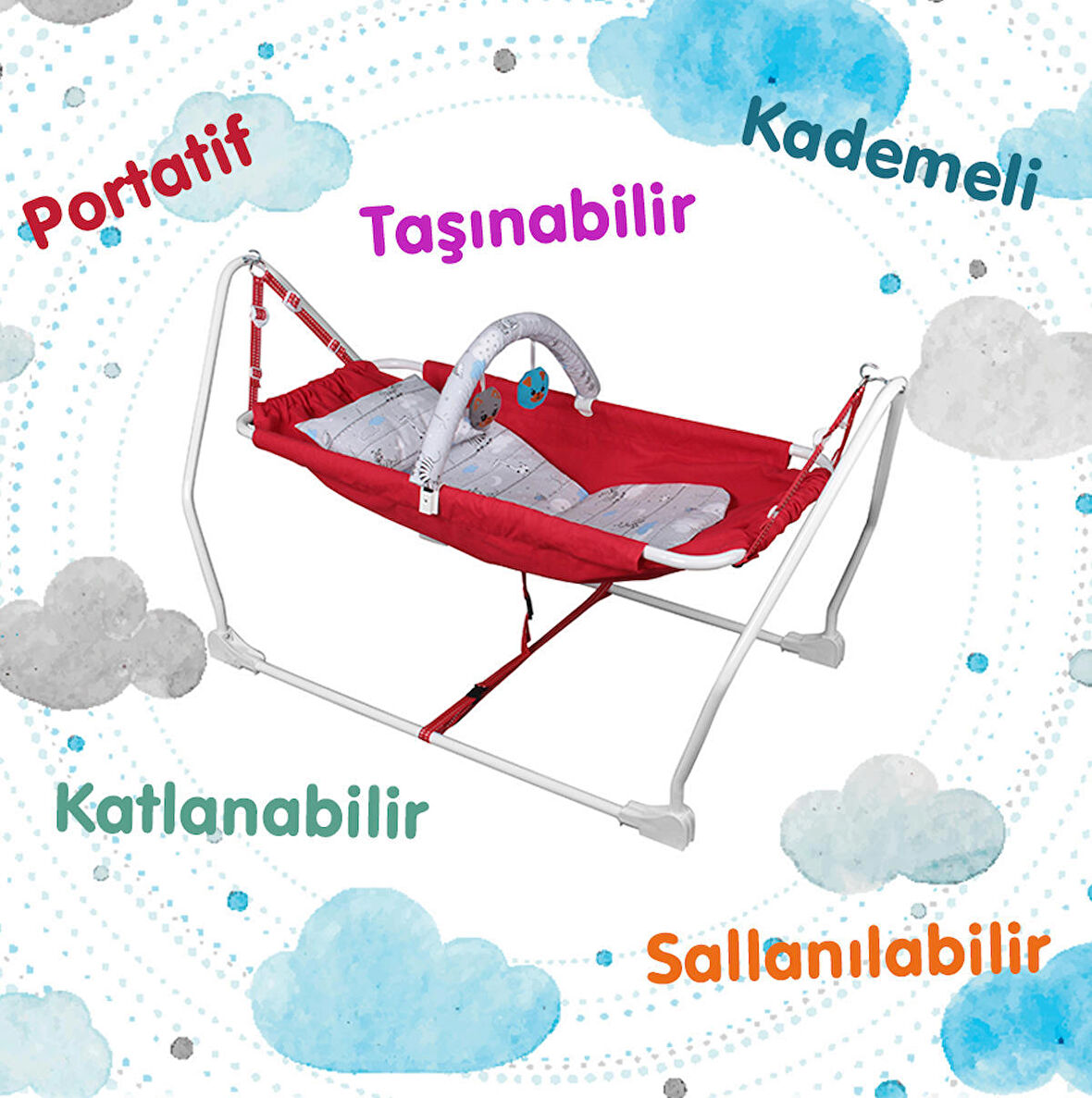 Norfolk Baby Sleep Katlanabilir Oyuncaklı Sallanır Bebek Beşiği - Hamak Beşik - Sallanır Bebek Hamağı - Kırmızı