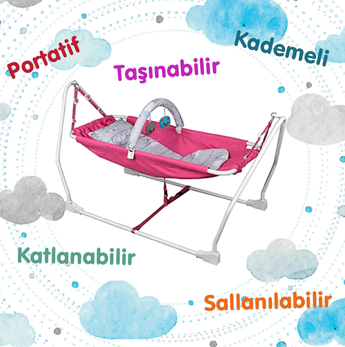 Norfolk Baby Sleep Katlanabilir Oyuncaklı Sallanır Bebek Beşiği - Hamak Beşik - Sallanır Bebek Hamağı - Fuşya