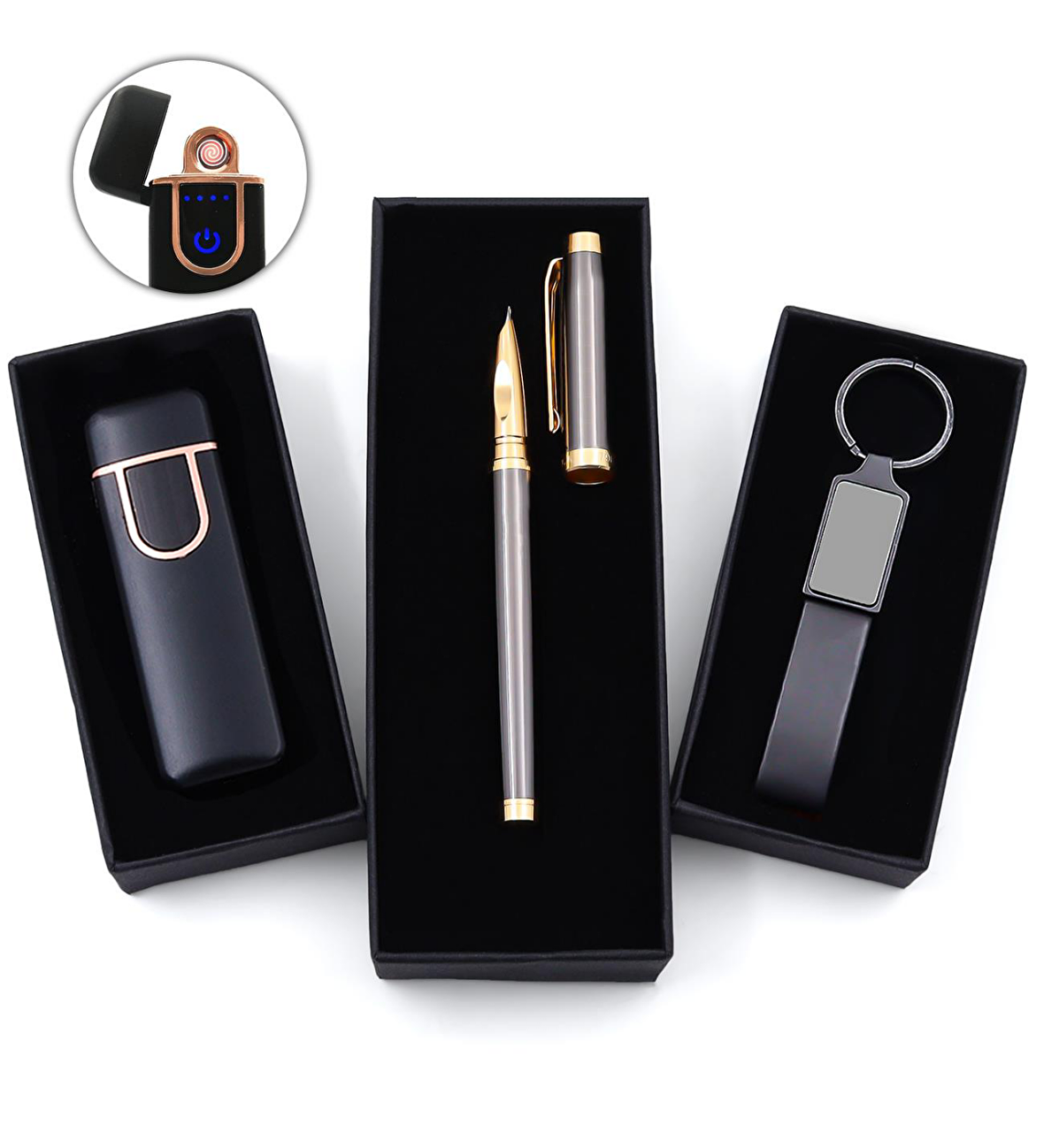 Füme Dolma Kalem & Siyah Rose Usb Şarjlı ve Dokunmatik Çakmak & Siyah Anahtarlık Hediye Seti