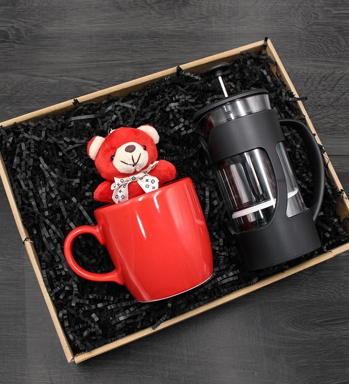 French Press & Kırmızı Kupa & Kırmızı Mini Peluş Ayıcık Hediye Seti