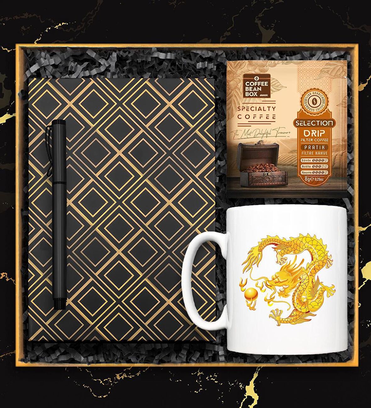 Ejder Kupa & Gold Kare Desenli Defter & Roller Kalem & Pratik Filtre Kahve Hediye Seti