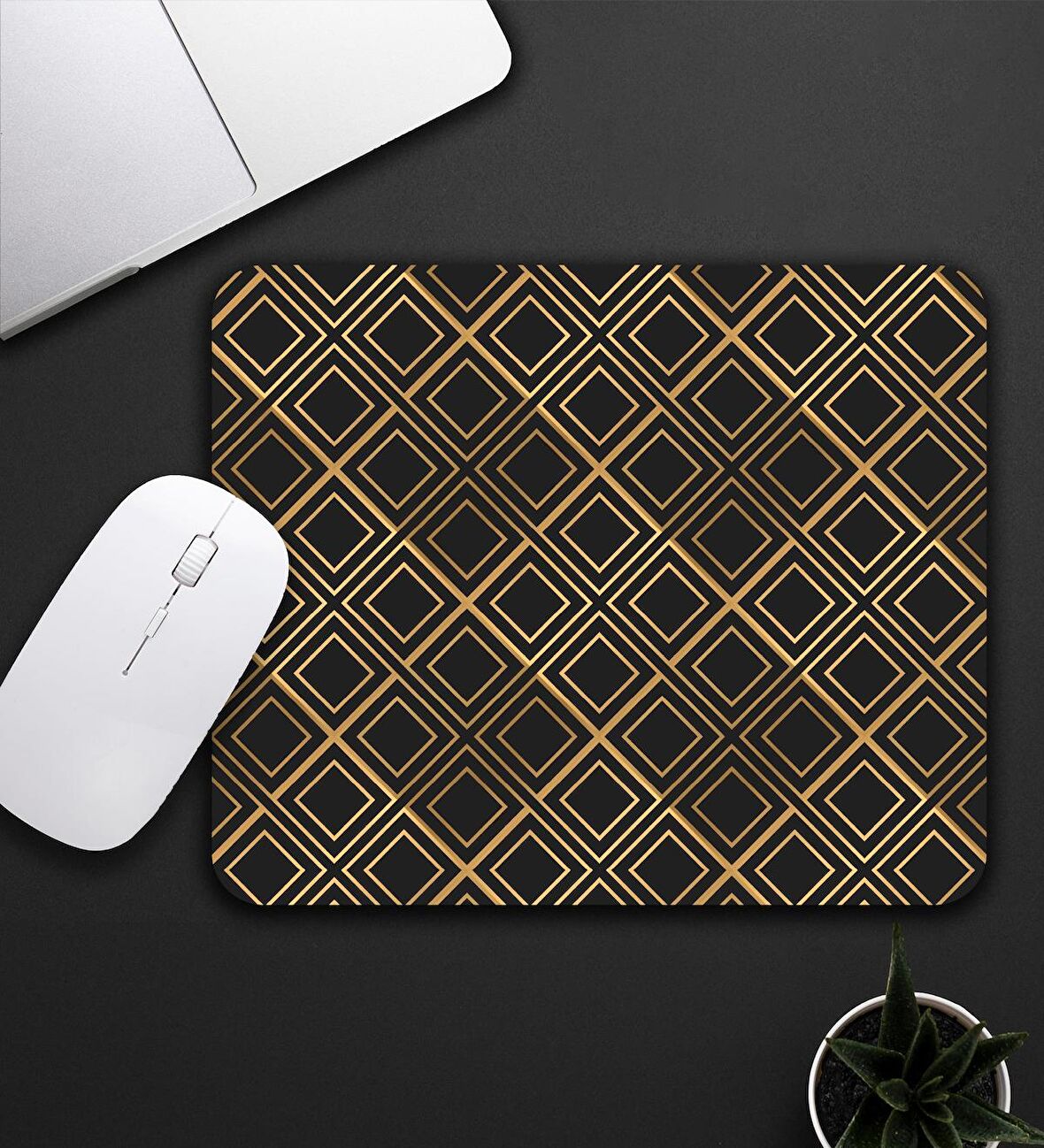 Siyah-Gold Renk Kareli Mouse Pad 23x19cm Fare Altlığı Kaydırmaz Taban De583