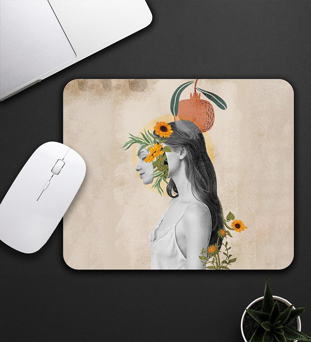 Bej Renk Papatya Kadın  Motifli Mouse Pad 23x19cm Fare Altlığı Kaydırmaz Taban De593