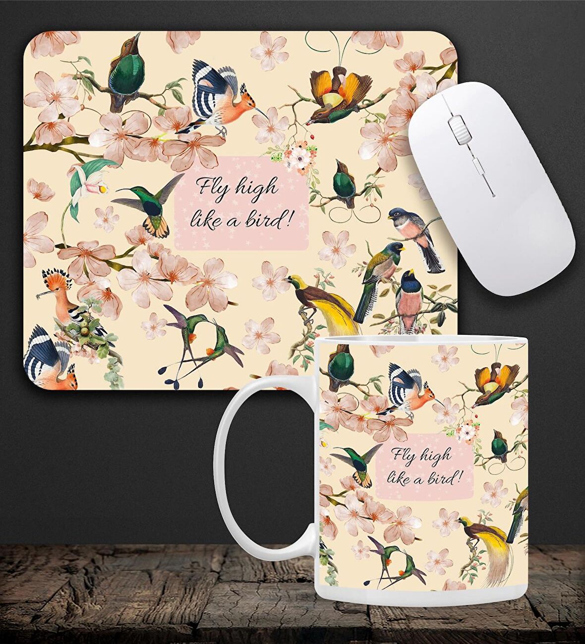 Kuşlu Kupa & Fly High Like a Bird! Tasarım Kuş Motifli Mouse Pad 23x19cm Fare Altlığı Kaydırmaz Taban De584 Ofis Hediyesi