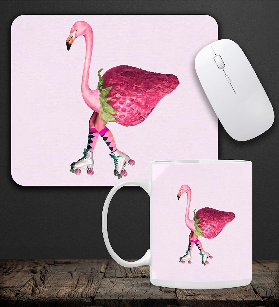 Baskılı Kupa & Pembe Çilekli Flamingo Motifli Mouse Pad 23x19cm Fare Altlığı Kaydırmaz Taban De586 Ofis Hediyesi