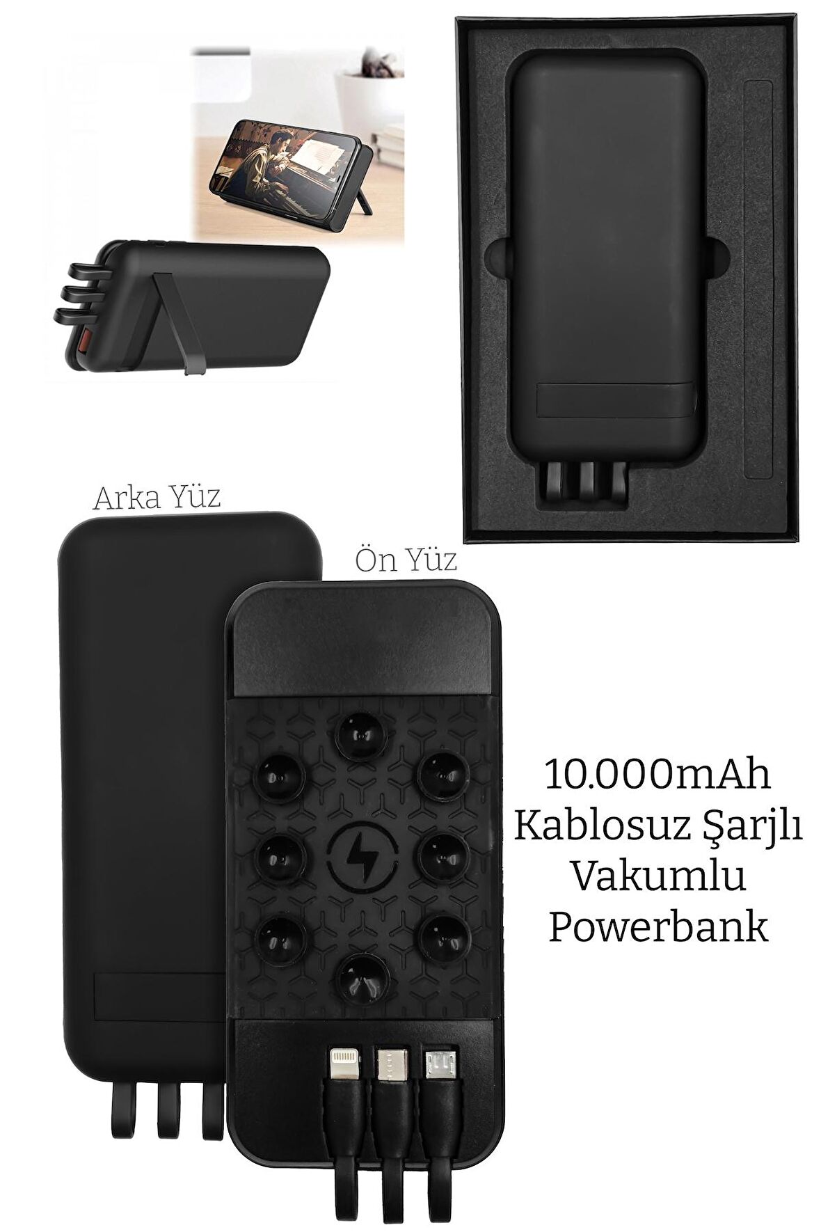10000mAh Wi-Fi Kablosuz Powerbank | Vakumlu, Micro USB, Type-C, Hızlı Şarj, LED Işık, Rubber Gövde